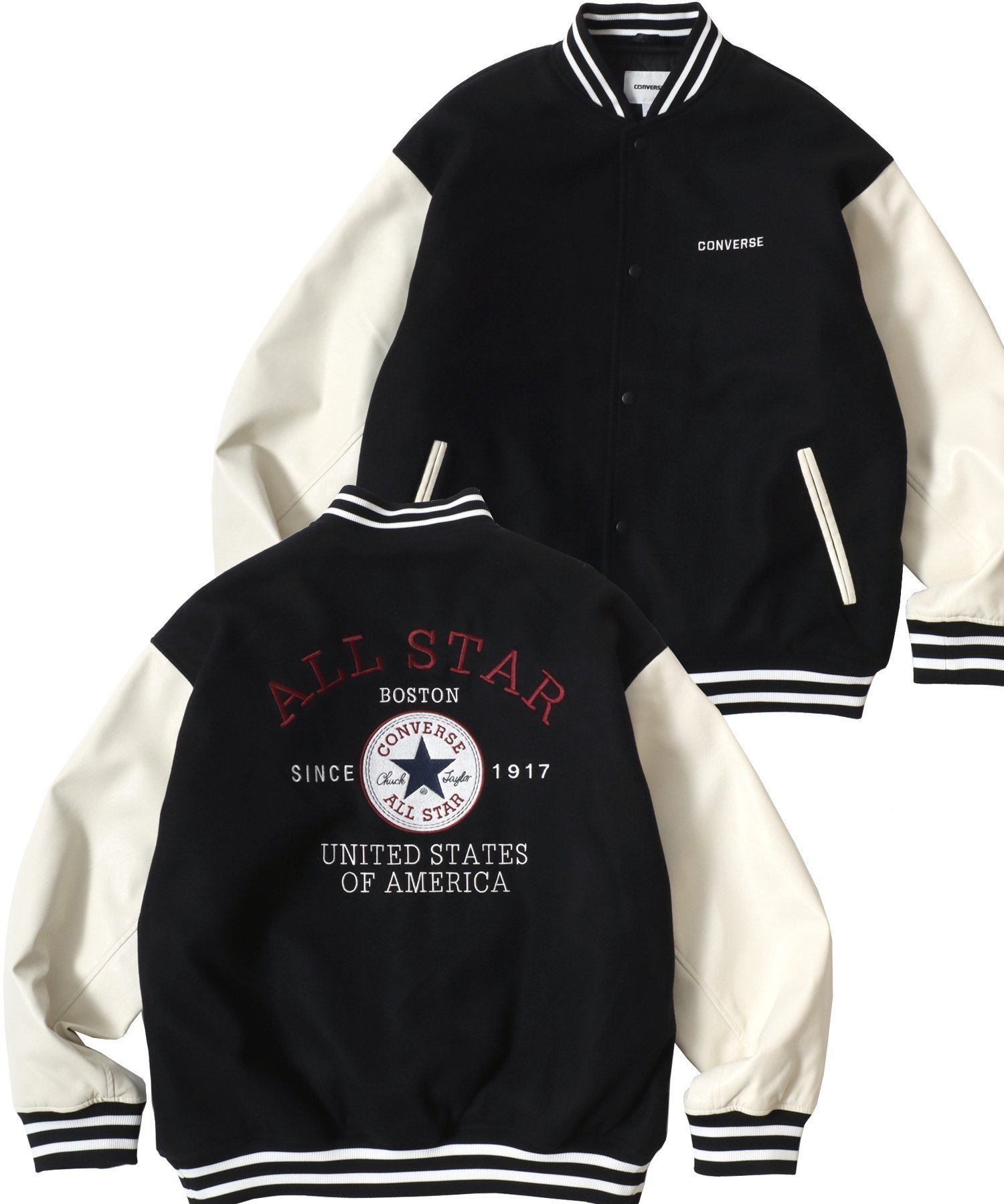 【ラザル/LAZAR】のCONVERSE コンバース スタジアムジャケット メンズ スタジャン オーバーサイズ フェイクメルトン デニム レディース ユニセックス インテリア・キッズ・メンズ・レディースファッション・服の通販 founy(ファニー) 　ファッション　Fashion　レディースファッション　Fashion for Women　アウター　Coat / Outerwear Collection　レディースジャケット・軽アウター　Jackets　カーゴパンツ　Cargo Pants, Utility Pants　キャップ　Cap, Baseball Cap　キャンバス　Canvas, Canvas Fabric　キルティング　Quilted, Quilting　クラシカル　Classical, Vintage-Inspired　クール　Cool, Chic　シューズ　Shoes, Footwear　ショート　Short, Short Length　ジャケット　Jacket, Outerwear　スウェット / スエット　Sweatshirt, Sweatwear　ストライプ　Stripe, Striped Pattern　スニーカー　Sneakers, Trainers　スポーツ　Sports, Activewear　スラックス　Slacks, Dress Pants　スリーブ　Sleeve, Long Sleeve / Short Sleeve　セットアップ　Set-Up, Coordinated Outfit　センター　Center, Center Line　セーター　Sweater, Knitwear　ダウン　Down, Puffer　デニム　Denim, Jeans Material　トレンド　Trend, Trending Now　定番　Standard, Basic Item　人気　Popular, Best Seller　バスケット　Basket, Basket Bag　パーカー　Hoodie, Parka　ビッグ　Big, Oversized　ブラック|ID: prp329100004750959 ipo3291000000034984678