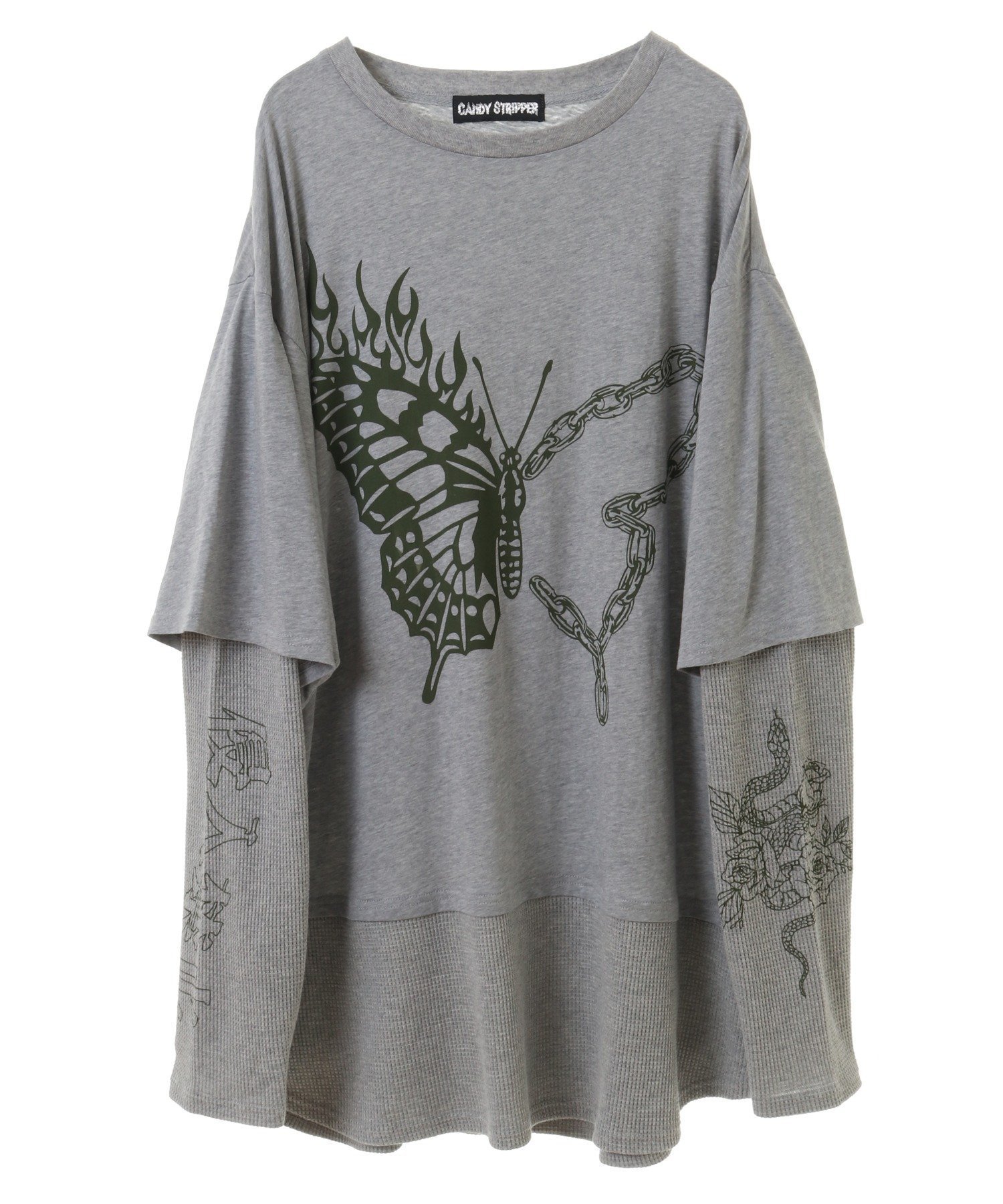 【キャンディストリッパー/Candy Stripper】のFIRE BUTTERFLY LAYERED TOPS インテリア・キッズ・メンズ・レディースファッション・服の通販 founy(ファニー)  ファッション Fashion レディースファッション Fashion for Women トップス・カットソー Cut & Sew Tops おすすめ Recommended / Our Picks グラフィック Graphic, Graphic Design バタフライ Butterfly, Butterfly Motif ベスト Vest, Waistcoat モチーフ Motif, Design Theme ワッフル Waffle, Waffle Knit HEATHER GRAY|ID: prp329100004751348 ipo3291000000034356252