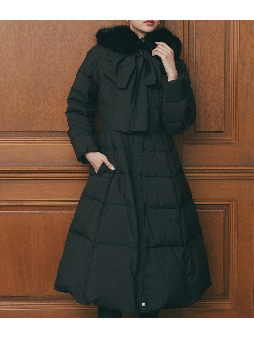 【セルフォード/CELFORD】の【限定カラーあり】フードリボンロングダウンコート インテリア・キッズ・メンズ・レディースファッション・服の通販 founy(ファニー) 　ファッション　Fashion　レディースファッション　Fashion for Women　アウター　Coat / Outerwear Collection　コート・ロングコート・ピーコート　Long Coats, Peacoats & More　ダウンジャケット・軽量ダウン　Warm & Lightweight Down Jackets　エレガント 上品　Elegant　シェイプ　Shape, Slim Fit　スタンド　Stand Collar, Upright Stand　スマート　Smart, Elegant　タフタ　Taffeta, Structured Fabric　ダウン　Down, Puffer　フィット　Fit, Slim Fit　フェザー　Feather, Feather Detail　フレア　Flare, Flared　リボン　Ribbon, Bow　ロング　Long, Long-Length　軽量　Lightweight, Ultra Light　BLK[009]|ID: prp329100004751659 ipo3291000000034524606