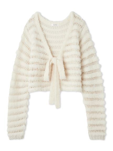 【フレイ アイディー/FRAY I.D】のネット編みシャギーボーダーカーデ インテリア・キッズ・メンズ・レディースファッション・服の通販 founy(ファニー) 　ファッション　Fashion　レディースファッション　Fashion for Women　カーディガン　Cardigan, Knitwear　スマート　Smart, Elegant　テクスチャー　Texture, Textured Fabric　ボーダー　Border, Stripe　リボン　Ribbon, Bow　ルーズ　Loose, Oversized　OWHT[002]|ID: prp329100004752511 ipo3291000000034372530