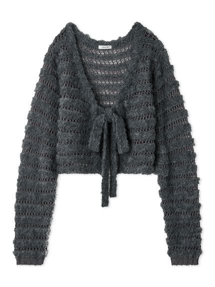 【フレイ アイディー/FRAY I.D】のネット編みシャギーボーダーカーデ インテリア・キッズ・メンズ・レディースファッション・服の通販 founy(ファニー) 　ファッション　Fashion　レディースファッション　Fashion for Women　カーディガン　Cardigan, Knitwear　スマート　Smart, Elegant　テクスチャー　Texture, Textured Fabric　ボーダー　Border, Stripe　リボン　Ribbon, Bow　ルーズ　Loose, Oversized　GRY[006]|ID: prp329100004752511 ipo3291000000034372533