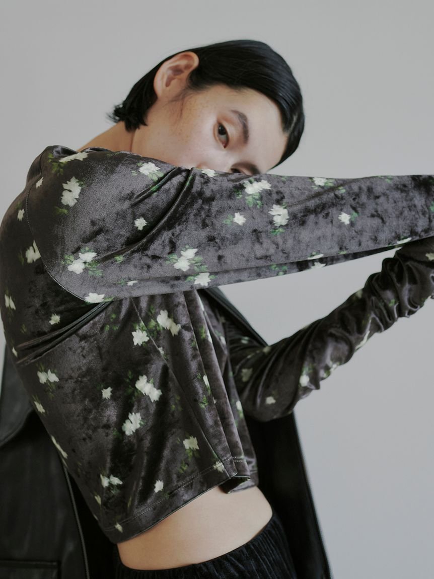 【ミースロエ/MIESROHE】の短丈ベロアトップス インテリア・キッズ・メンズ・レディースファッション・服の通販 founy(ファニー) 　ファッション　Fashion　レディースファッション　Fashion for Women　トップス・カットソー　Cut & Sew Tops　ベロアトップス　Velour Tops / Velvet-Look Items　おすすめ　Recommended / Our Picks　キャミワンピース　Cami Dress, Slip Dress　ギャザー　Gathered, Ruffled　クラッシュ　Distressed, Crashed Style　コンパクト　Compact, Small Size　スマート　Smart, Elegant　セットアップ　Set-Up, Coordinated Outfit　バランス　Balance, Style Balance　プリント　Print, Printed Pattern　ベロア　Velour, Soft Velvet　人気　Popular, Best Seller　無地　Plain, Solid Color　BRW[058]|ID: prp329100004753204 ipo3291000000034379696