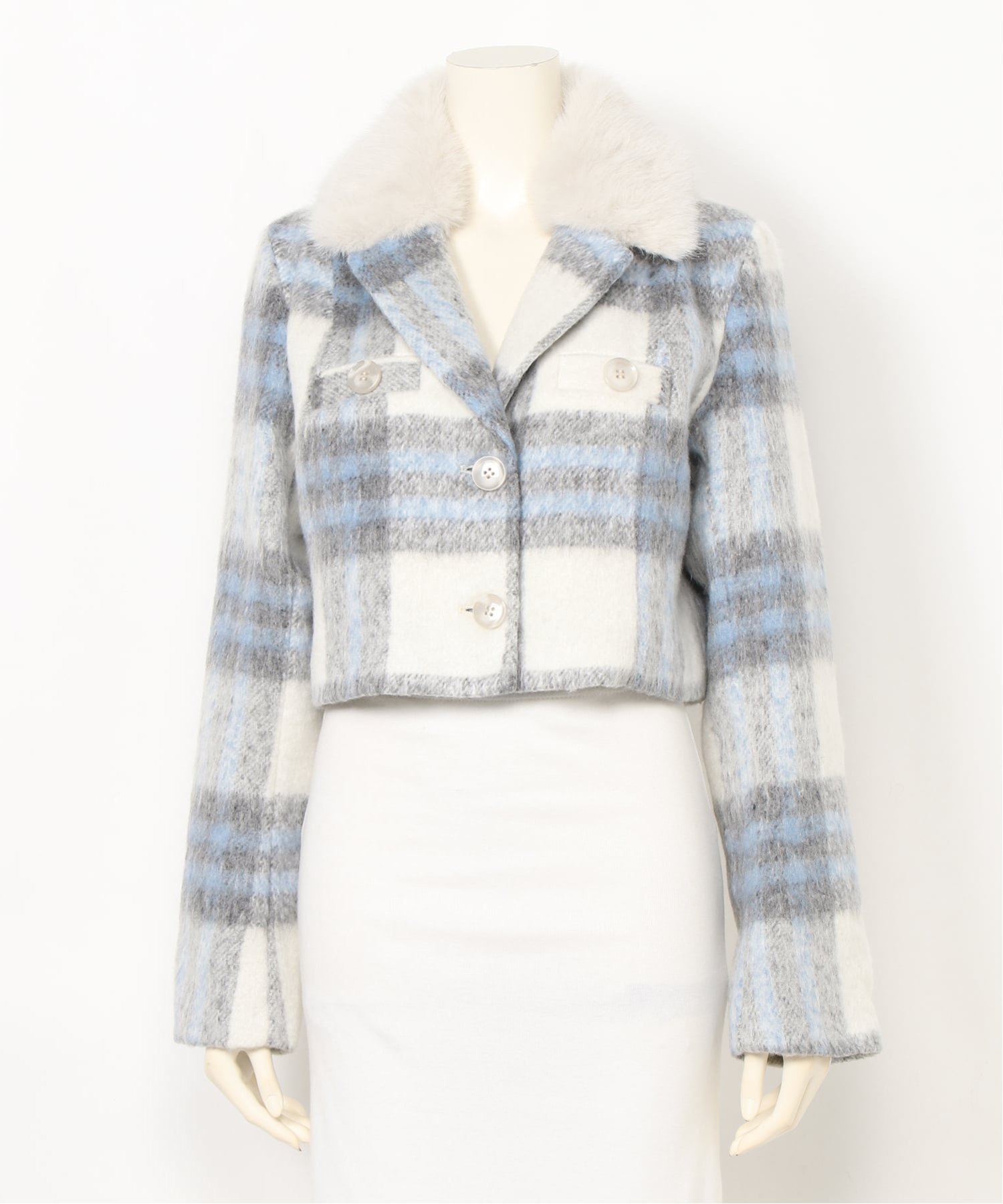 【リップサービス/LIP SERVICE】のLIP SERVICE/ファーカラーシャギーチェックジャケット インテリア・キッズ・メンズ・レディースファッション・服の通販 founy(ファニー) 　ファッション　Fashion　レディースファッション　Fashion for Women　アウター　Coat / Outerwear Collection　レディースジャケット・軽アウター　Jackets　ブルー|ID: prp329100004753235 ipo3291000000034379991