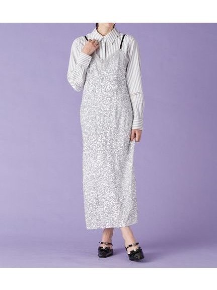 【リリーブラウン/Lily Brown】のL.B CANDY STOCK シャツコンビビジューワンピース インテリア・キッズ・メンズ・レディースファッション・服の通販 founy(ファニー) 　ファッション　Fashion　レディースファッション　Fashion for Women　ワンピース　Dresses　キャミ　Camisole, Cami Top　キャミワンピース　Cami Dress, Slip Dress　シルバー　Silver, Metallic Silver　ストライプ　Stripe, Striped Pattern　スパンコール　Sequins, Sequin Embellishment　スマート　Smart, Elegant　ベロア　Velour, Soft Velvet　無地　Plain, Solid Color　レース　Lace, Lace Fabric　エレガント 上品　Elegant　SLV[011]|ID: prp329100004753288 ipo3291000000034380443