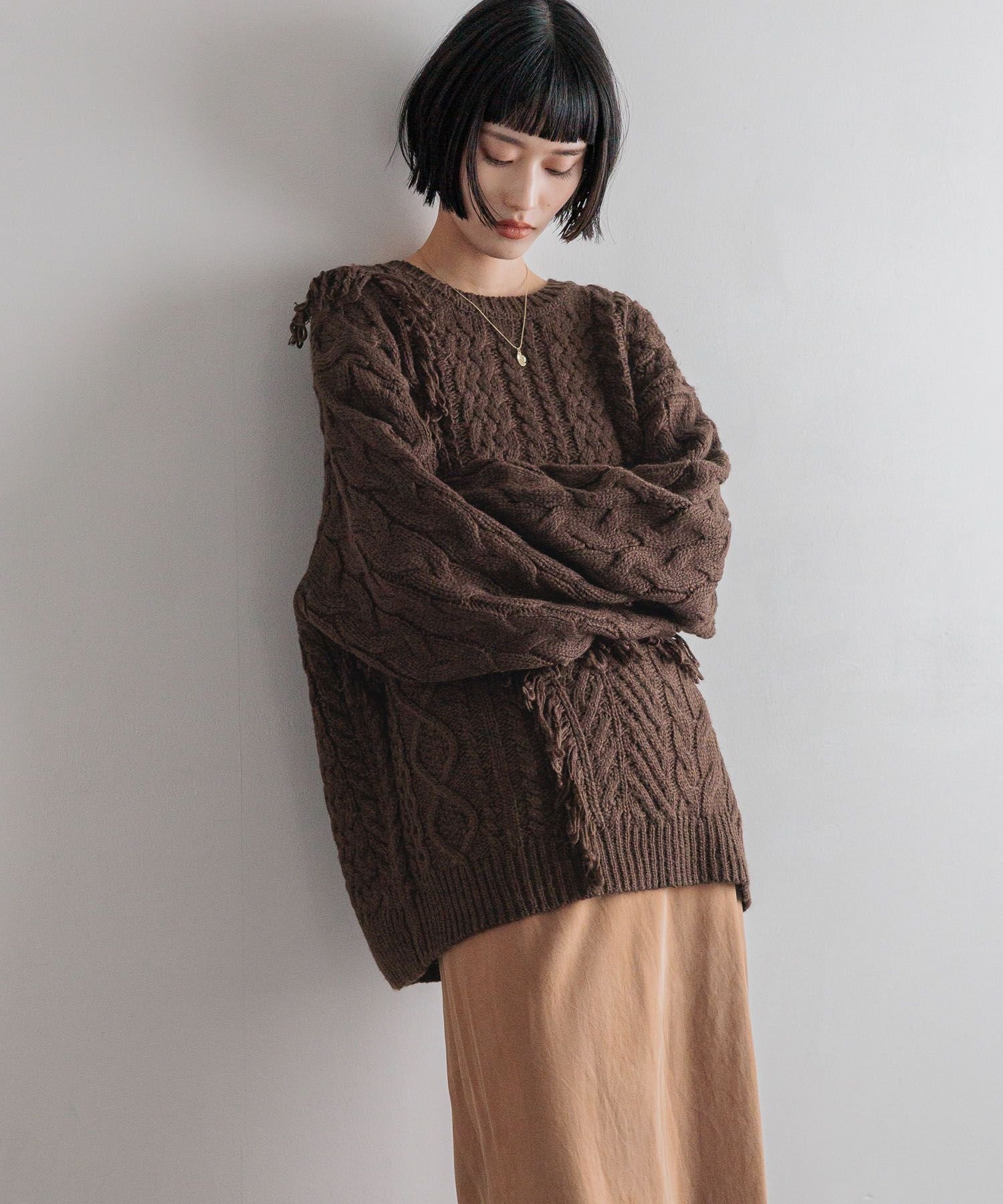 【ローリーズファーム/LOWRYS FARM】のケーブルフリンジLONG丈 インテリア・キッズ・メンズ・レディースファッション・服の通販 founy(ファニー) 　ファッション　Fashion　レディースファッション　Fashion for Women　おすすめ　Recommended / Our Picks　アクリル　Acrylic Material　クラシック　Classic, Timeless Style　デニム　Denim, Jeans Material　フリンジ　Fringe, Tassel　ボトム　Bottoms, Lower Wear　ロング　Long, Long-Length　ブラウン58|ID: prp329100004753630 ipo3291000000034661472
