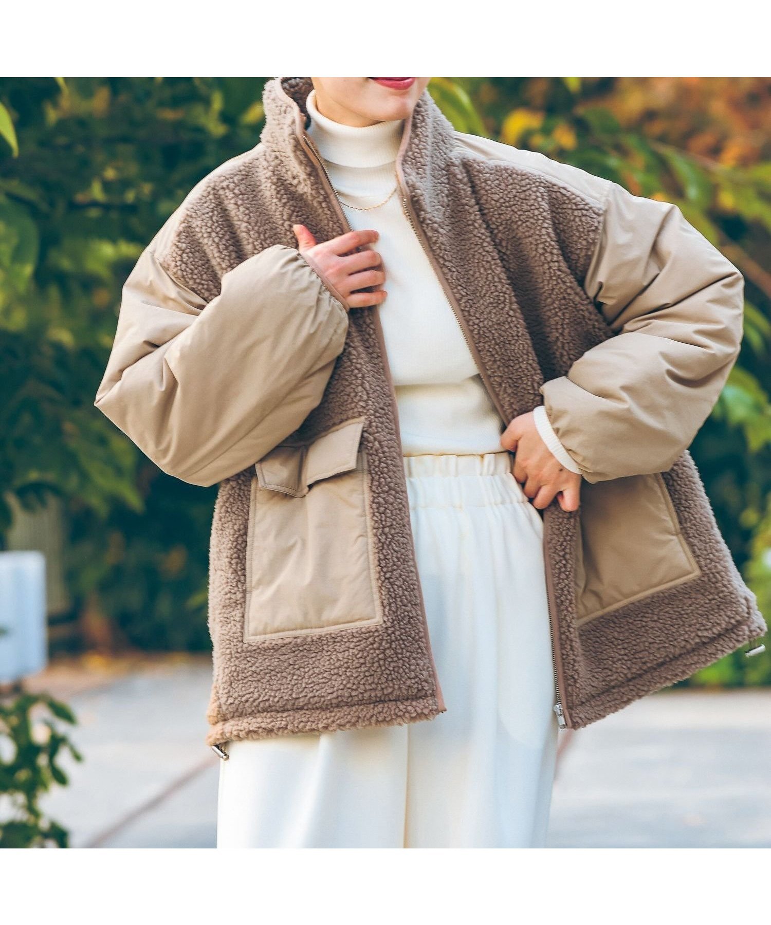 【ラコレ/LAKOLE】の異素材スタンドボアブルゾン インテリア・キッズ・メンズ・レディースファッション・服の通販 founy(ファニー) 　ファッション　Fashion　レディースファッション　Fashion for Women　アウター　Coat / Outerwear Collection　ブルゾンジャケット・スポーティアウター　Blouson Jackets　インナー　Innerwear　シンプル　Simple, Minimal　ジップ　Zip, Zipper　トレンド　Trend, Trending Now　ポケット　Pocket, Pocket Detail　ロング　Long, Long-Length　軽量　Lightweight, Ultra Light　防寒　Cold Protection, Winter-Ready　ベージュ|ID: prp329100004753909 ipo3291000000034789529