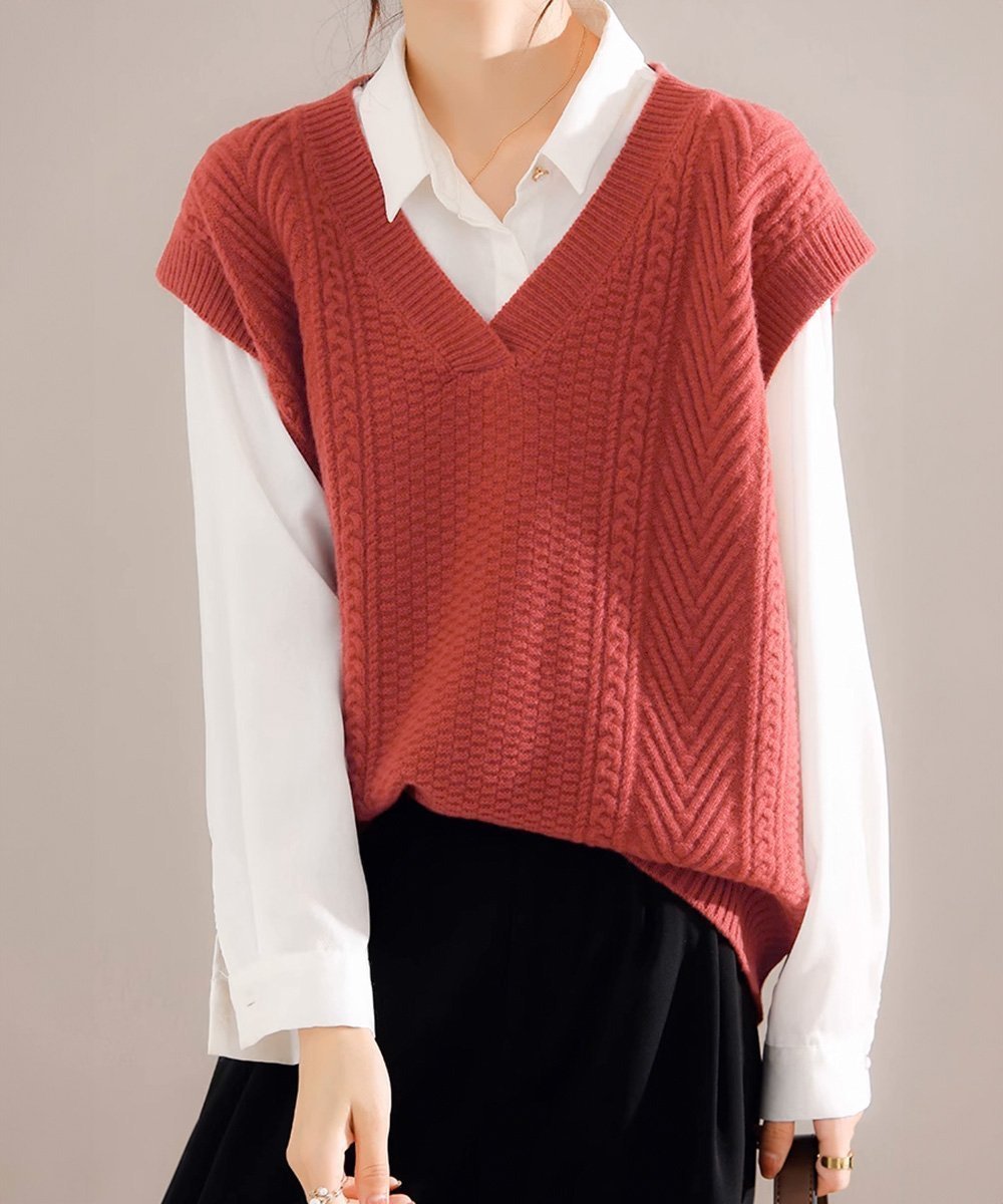 【ミニミニストア/miniministore】のケーブルニットベスト レディースチョッキ インテリア・キッズ・メンズ・レディースファッション・服の通販 founy(ファニー) 　ファッション　Fashion　レディースファッション　Fashion for Women　アウター　Coat / Outerwear Collection　トップス・カットソー　Cut & Sew Tops　ニット　Knit Tops & Sweaters　ベスト&ジレ / 重ね着スタイル　Vests & Gilets　アクリル　Acrylic Material　インナー　Innerwear　シンプル　Simple, Minimal　ドロップ　Drop Shoulder, Dropped Style　ベスト　Vest, Waistcoat　リラックス　Relax, Relaxed Fit　レンガ|ID: prp329100004754433 ipo3291000000034390067