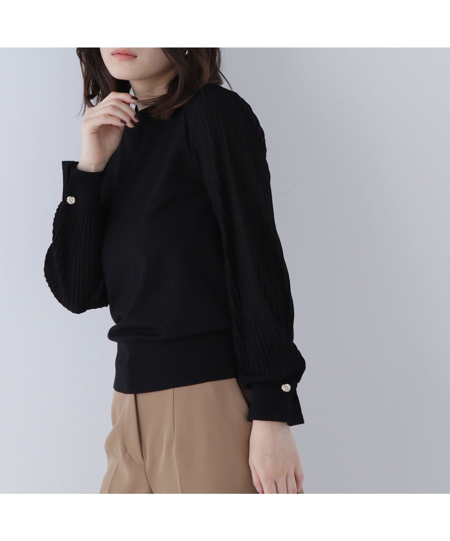 【ナチュラル ビューティー ベーシック/NATURAL BEAUTY BASIC】のプリーツスリーブノットボタンニット インテリア・キッズ・メンズ・レディースファッション・服の通販 founy(ファニー) 　ファッション　Fashion　レディースファッション　Fashion for Women　トップス・カットソー　Cut & Sew Tops　ニット　Knit Tops & Sweaters　シアー　Sheer, See-Through　ジャケット　Jacket, Outerwear　フィット　Fit, Slim Fit　フラット　Flat, Flat Shoes　プリーツ　Pleats, Pleated　ブラック|ID: prp329100004754820 ipo3291000000034622702