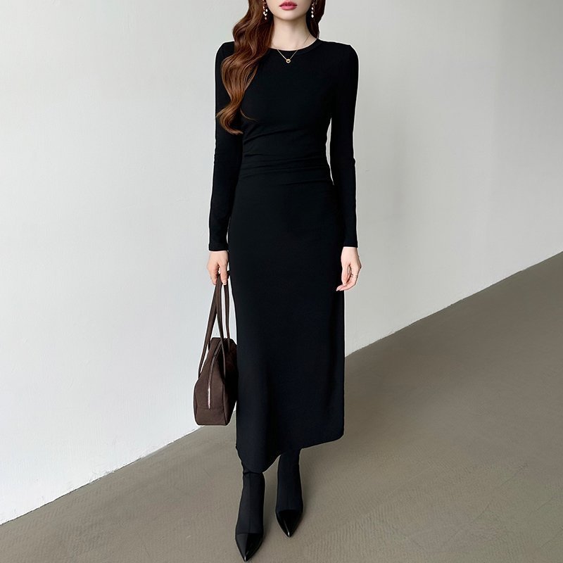 【ココモモ/COCOMOMO】の美シルエットウエストギャザーワンピース タイトワンピース 長袖 ワンピース インテリア・キッズ・メンズ・レディースファッション・服の通販 founy(ファニー) 　ファッション　Fashion　レディースファッション　Fashion for Women　ワンピース　Dresses　ストレッチ　Stretch, Stretchy Fabric　フィット　Fit, Slim Fit　長袖　Long Sleeve, Full Sleeve　ブラック|ID: prp329100004754940 ipo3291000000034392998