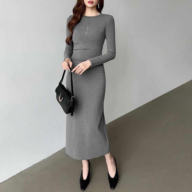 【ココモモ/COCOMOMO】の美シルエットウエストギャザーワンピース タイトワンピース 長袖 ワンピース インテリア・キッズ・メンズ・レディースファッション・服の通販 founy(ファニー) 　ファッション　Fashion　レディースファッション　Fashion for Women　ワンピース　Dresses　ストレッチ　Stretch, Stretchy Fabric　フィット　Fit, Slim Fit　長袖　Long Sleeve, Full Sleeve　ダークグレー|ID: prp329100004754940 ipo3291000000034392999