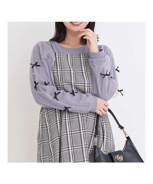 【ジェイ アンド シュプール/Re J&SUPURE】の袖リボン×パールリブトップス 人気、トレンドファッション・服の通販 founy(ファニー) 　ファッション　Fashion　レディースファッション　Fashion for Women　トップス・カットソー　Cut & Sew Tops　ガーリー　Girly, Feminine Style　サテン　Satin, Glossy Fabric　スリーブ　Sleeve, Long Sleeve / Short Sleeve　チュール　Tulip, Tulip Motif　パール　Pearl, Pearl Accent　フェミニン　Feminine, Girly　リボン　Ribbon, Bow　 other-1|ID: prp329100004755052 ipo3291000000034631702