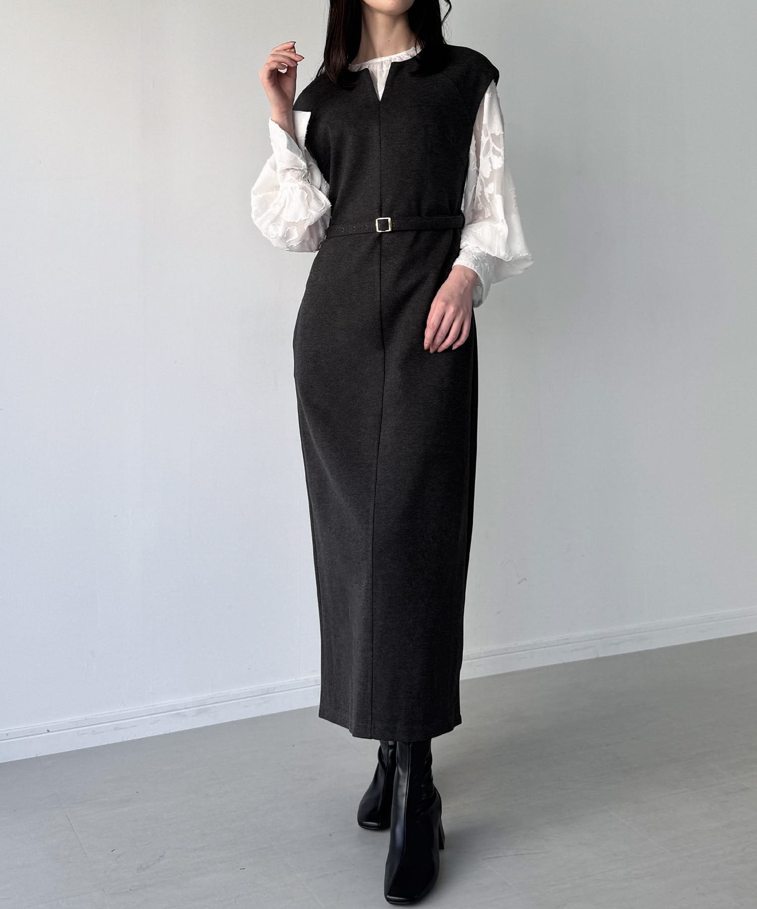 【ジュノア/JUNOAH】のキーネックIラインロングワンピース インテリア・キッズ・メンズ・レディースファッション・服の通販 founy(ファニー) ファッション Fashion レディースファッション Fashion for Women ワンピース Dresses チャコール|ID: prp329100004755172 ipo3291000000034395306