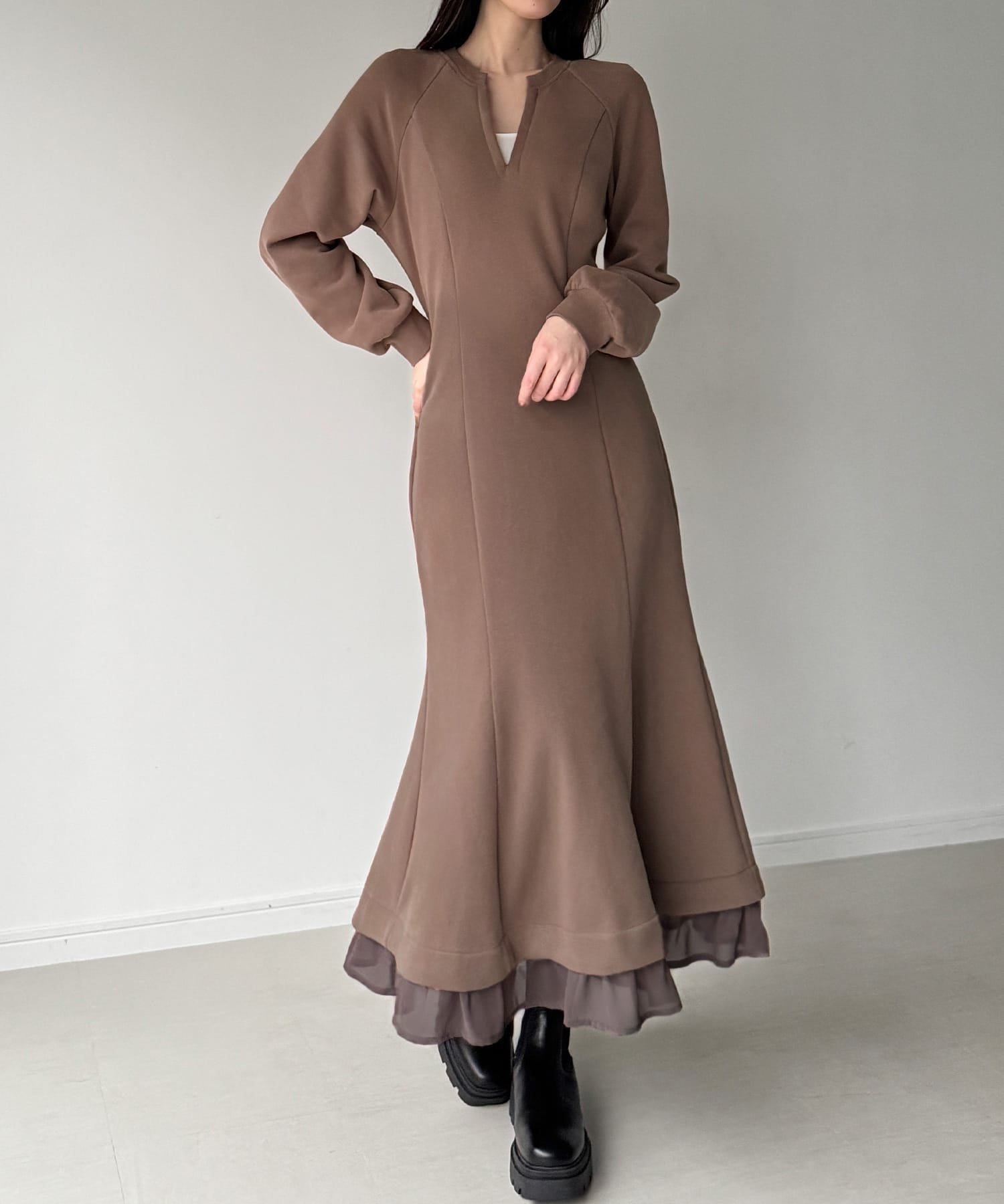 【ジュノア/JUNOAH】の裏起毛レイヤードデザインマーメイドワンピース インテリア・キッズ・メンズ・レディースファッション・服の通販 founy(ファニー) ファッション Fashion レディースファッション Fashion for Women ワンピース Dresses モカ|ID: prp329100004755173 ipo3291000000034395314