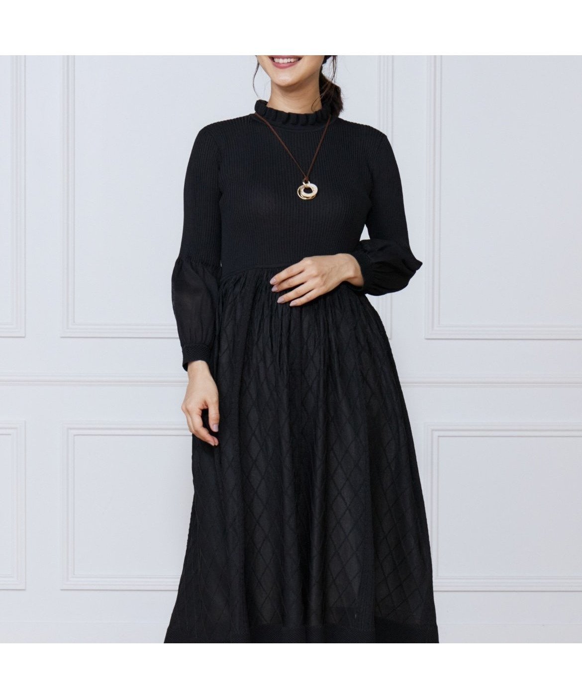 【イネド/INED】のシアーアーガイル長袖ワンピース インテリア・キッズ・メンズ・レディースファッション・服の通販 founy(ファニー) 　ファッション　Fashion　レディースファッション　Fashion for Women　ワンピース　Dresses　おすすめ　Recommended / Our Picks　シアー　Sheer, See-Through　シャドー　Shadow, Subtle Pattern　ジャケット　Jacket, Outerwear　スマート　Smart, Elegant　フィット　Fit, Slim Fit　フリル　Frill, Ruffle　フレア　Flare, Flared　ペチコート　Petticoat, Underskirt　長袖　Long Sleeve, Full Sleeve　ブラック|ID: prp329100004755186 ipo3291000000034395371