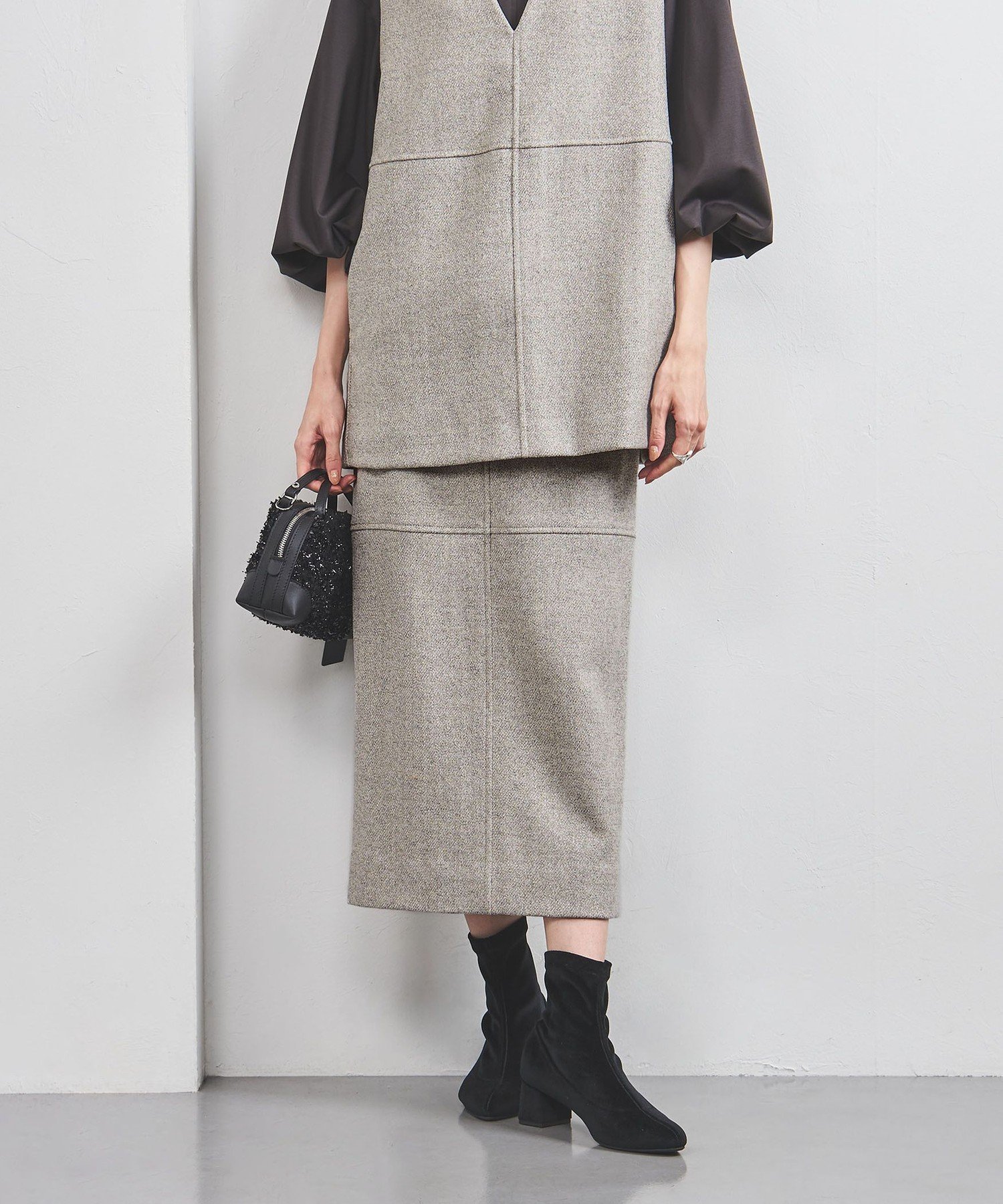 【ユナイテッドアローズ/UNITED ARROWS】の3COL メランジ ツイード タイトロングスカート インテリア・キッズ・メンズ・レディースファッション・服の通販 founy(ファニー) 　ファッション　Fashion　レディースファッション　Fashion for Women　スカート　Skirts　ロングスカート　Long Skirts / Maxi & Midi Skirts　切替　Switching, Contrast Panel　セットアップ　Set-Up, Coordinated Outfit　ツイード　Twill, Twill Weave　フィット　Fit, Slim Fit　ベスト　Vest, Waistcoat　ミックス　Mix, Mixed Style　メランジ　Melange, Mixed Yarn　ワーク　Workwear, Utility Style　アウトレット　Outlet / Clearance　おすすめ　Recommended / Our Picks　BEIGE|ID: prp329100004757071 ipo3291000000034631841