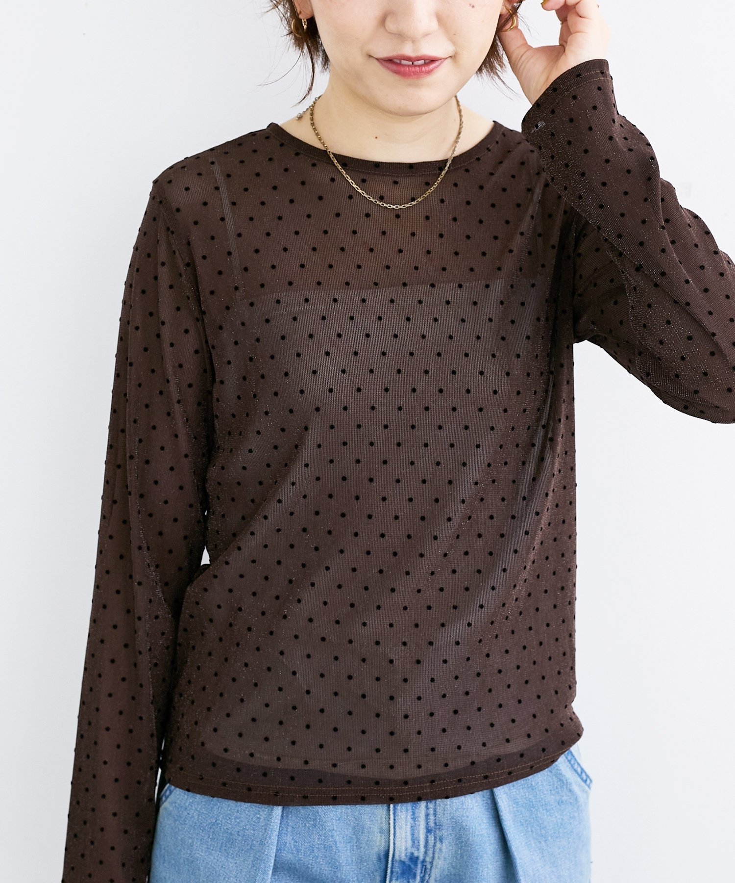 【ルクールブラン/le.coeur blanc】のシアーラメフロッキードットプルオーバー インテリア・キッズ・メンズ・レディースファッション・服の通販 founy(ファニー) 　ファッション　Fashion　レディースファッション　Fashion for Women　トップス・カットソー　Cut & Sew Tops　カジュアルプルオーバー・ニットトップス　Pullovers & Knit Tops / Casual Pullovers　おすすめ　Recommended / Our Picks　インナー　Innerwear　シアー　Sheer, See-Through　ジャケット　Jacket, Outerwear　ベスト　Vest, Waistcoat　秋　Autumn　ブラウン柄|ID: prp329100004757087 ipo3291000000034413562