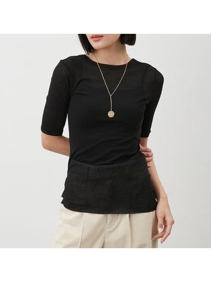 【ミラオーウェン/Mila Owen】のボートネック後ろあきハーフスリーブT インテリア・キッズ・メンズ・レディースファッション・服の通販 founy(ファニー) 　ファッション　Fashion　レディースファッション　Fashion for Women　インナー　Innerwear　今秋　This Fall　シアー　Sheer, See-Through　ストレッチ　Stretch, Stretchy Fabric　スマート　Smart, Elegant　スリーブ　Sleeve, Long Sleeve / Short Sleeve　トレンド　Trend, Trending Now　ハーフ　Half, Half-Length　フロント　Front, Front Design　ラウンド　Round, Round Neck　ロング　Long, Long-Length　BLK[009]|ID: prp329100004757361 ipo3291000000034416244