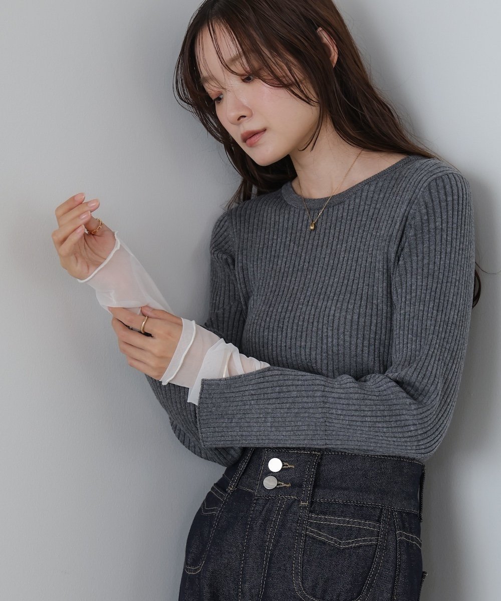 【バブ ブージュルード/Bab Bou Jeloud】の【着回し力抜群! 選べるネック】チュールレイヤードリブニット インテリア・キッズ・メンズ・レディースファッション・服の通販 founy(ファニー) 　ファッション　Fashion　レディースファッション　Fashion for Women　トップス・カットソー　Cut & Sew Tops　ニット　Knit Tops & Sweaters　インナー　Innerwear　ストレッチ　Stretch, Stretchy Fabric　スマート　Smart, Elegant　センター　Center, Center Line　チェック　Check, Plaid, Tartan　チュール　Tulip, Tulip Motif　ハイネック　High Neck, Mock Neck　フェミニン　Feminine, Girly　マーメイド　Mermaid, Fishtail Silhouette　再入荷　Restock / Back in Stock　おすすめ　Recommended / Our Picks　エレガント 上品　Elegant　B(GRAY-クルーネック)|ID: prp329100004758147 ipo3291000000034793898