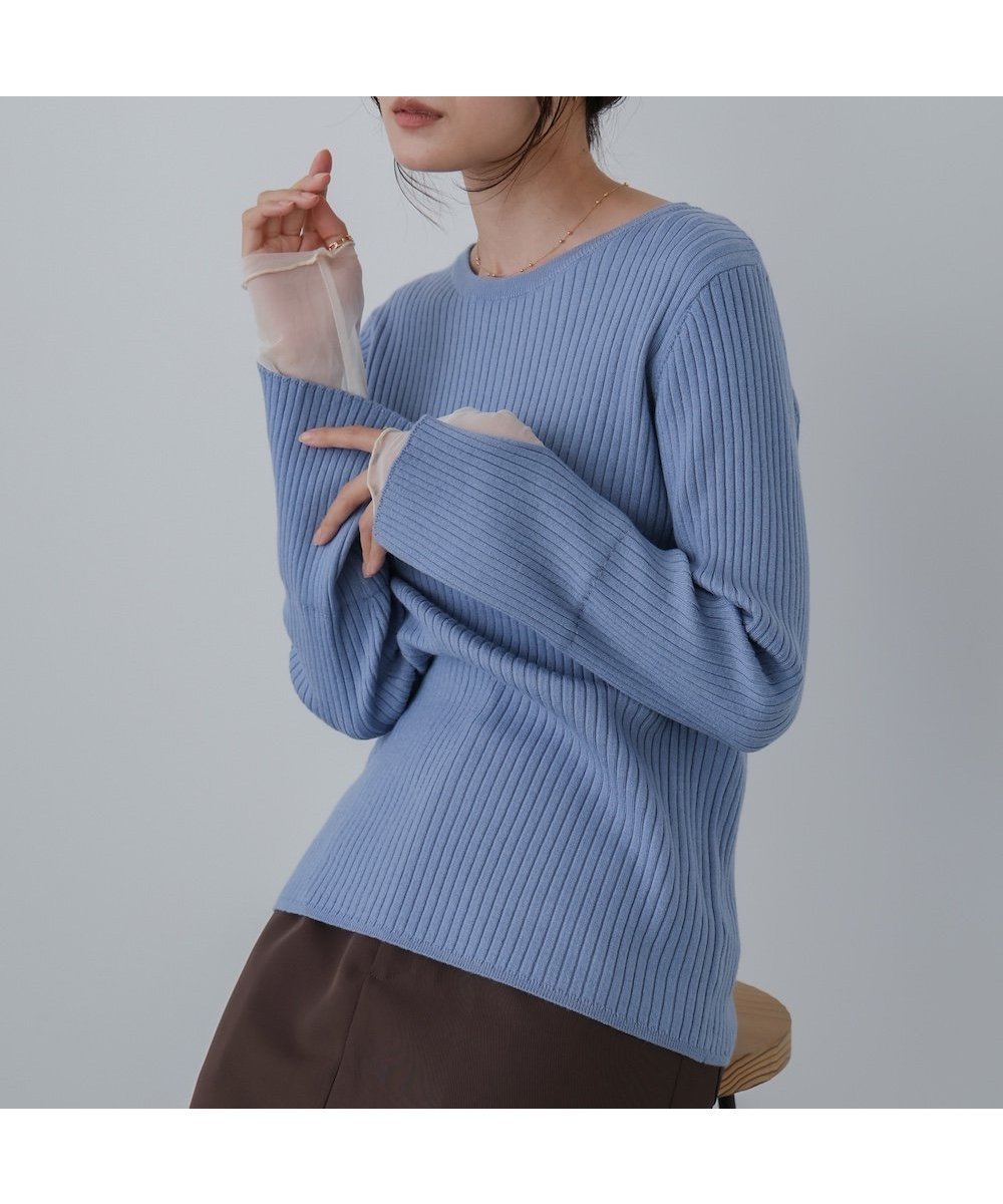 【バブ ブージュルード/Bab Bou Jeloud】の【着回し力抜群! 選べるネック】チュールレイヤードリブニット インテリア・キッズ・メンズ・レディースファッション・服の通販 founy(ファニー) 　ファッション　Fashion　レディースファッション　Fashion for Women　トップス・カットソー　Cut & Sew Tops　ニット　Knit Tops & Sweaters　インナー　Innerwear　ストレッチ　Stretch, Stretchy Fabric　スマート　Smart, Elegant　センター　Center, Center Line　チェック　Check, Plaid, Tartan　チュール　Tulip, Tulip Motif　ハイネック　High Neck, Mock Neck　フェミニン　Feminine, Girly　マーメイド　Mermaid, Fishtail Silhouette　再入荷　Restock / Back in Stock　おすすめ　Recommended / Our Picks　エレガント 上品　Elegant　G(BLUE-クルーネック)|ID: prp329100004758147 ipo3291000000034793902