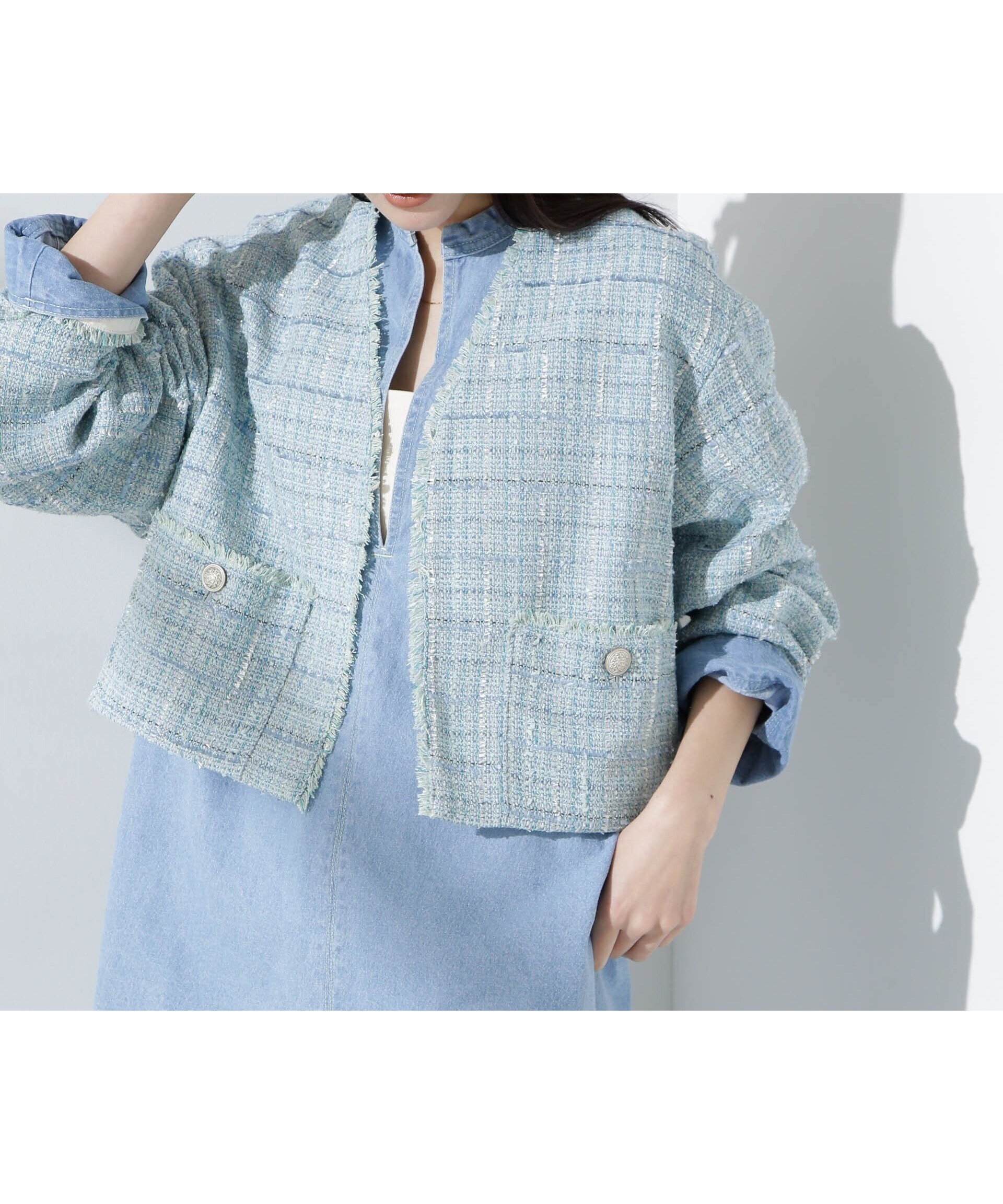 【ナノ ユニバース/nano universe】のツィードポケットショートジャケット インテリア・キッズ・メンズ・レディースファッション・服の通販 founy(ファニー)  ファッション Fashion レディースファッション Fashion for Women アウター Coat / Outerwear Collection レディースジャケット・軽アウター Jackets ウォッシャブル Machine Washable 春 Spring カーディガン Cardigan, Knitwear ショート Short, Short Length ジャケット Jacket, Outerwear チェーン Chain, Chain Strap ツイード/ツィード Choker, Choker Necklace デニム Denim, Jeans Material トレンド Trend, Trending Now フロント Front, Front Design ポケット Pocket, Pocket Detail ミックス Mix, Mixed Style ラベンダー Lavender ビジネス 仕事 通勤 Business / Work / Commuting 2025年 2025 2025春夏・S/S Spring/Summer 2025 SS25 ブルー|ID: prp329100004758182 ipo3291000000034426374