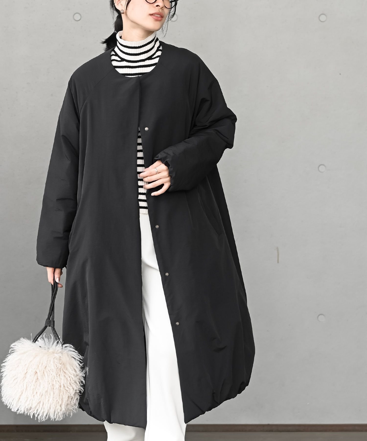 【アールピーエス/rps】の裾バルーン中綿ノーカラーロングコート 人気、トレンドファッション・服の通販 founy(ファニー) 　ファッション　Fashion　レディースファッション　Fashion for Women　アウター　Coat / Outerwear Collection　コート・ロングコート・ピーコート　Long Coats, Peacoats & More　インナー　Innerwear　バルーン　Balloon, Balloon Silhouette　フォルム　Silhouette, Form　フロント　Front, Front Design　ポケット　Pocket, Pocket Detail　ロング　Long, Long-Length　防寒　Cold Protection, Winter-Ready　 other-1|ID: prp329100004758215 ipo3291000000034840640