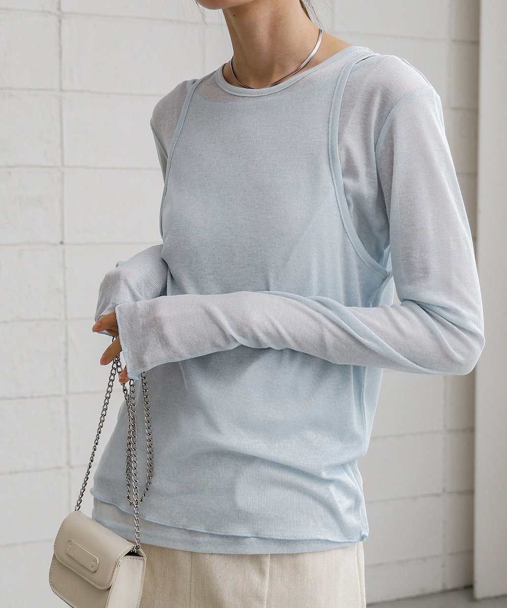 【バブ ブージュルード/Bab Bou Jeloud】の【2点セット】レイヤードセットシアーカットソー インテリア・キッズ・メンズ・レディースファッション・服の通販 founy(ファニー) ファッション Fashion レディースファッション Fashion for Women トップス・カットソー Cut & Sew Tops カットソー・ベーシックTシャツ Cut-and-Sewn Tops / Stretch Tees & Basics ウェーブ Wavy Pattern カットソー Cut and Sewn Top シアー Sheer, See-Through シンプル Simple, Minimal スマート Smart, Elegant スラックス Slacks, Dress Pants スリット Slit, Slit Detail スリーブ Sleeve, Long Sleeve / Short Sleeve センター Center, Center Line タンク Tank Top, Sleeveless Top チェック Check, Plaid, Tartan デニム Denim, Jeans Material 長袖 Long Sleeve, Full Sleeve ボトム Bottoms, Lower Wear ロング Long, Long-Length 再入荷 Restock / Back in Stock おすすめ Recommended / Our Picks L.BLUE|ID: prp329100004758308 ipo3291000000034466625