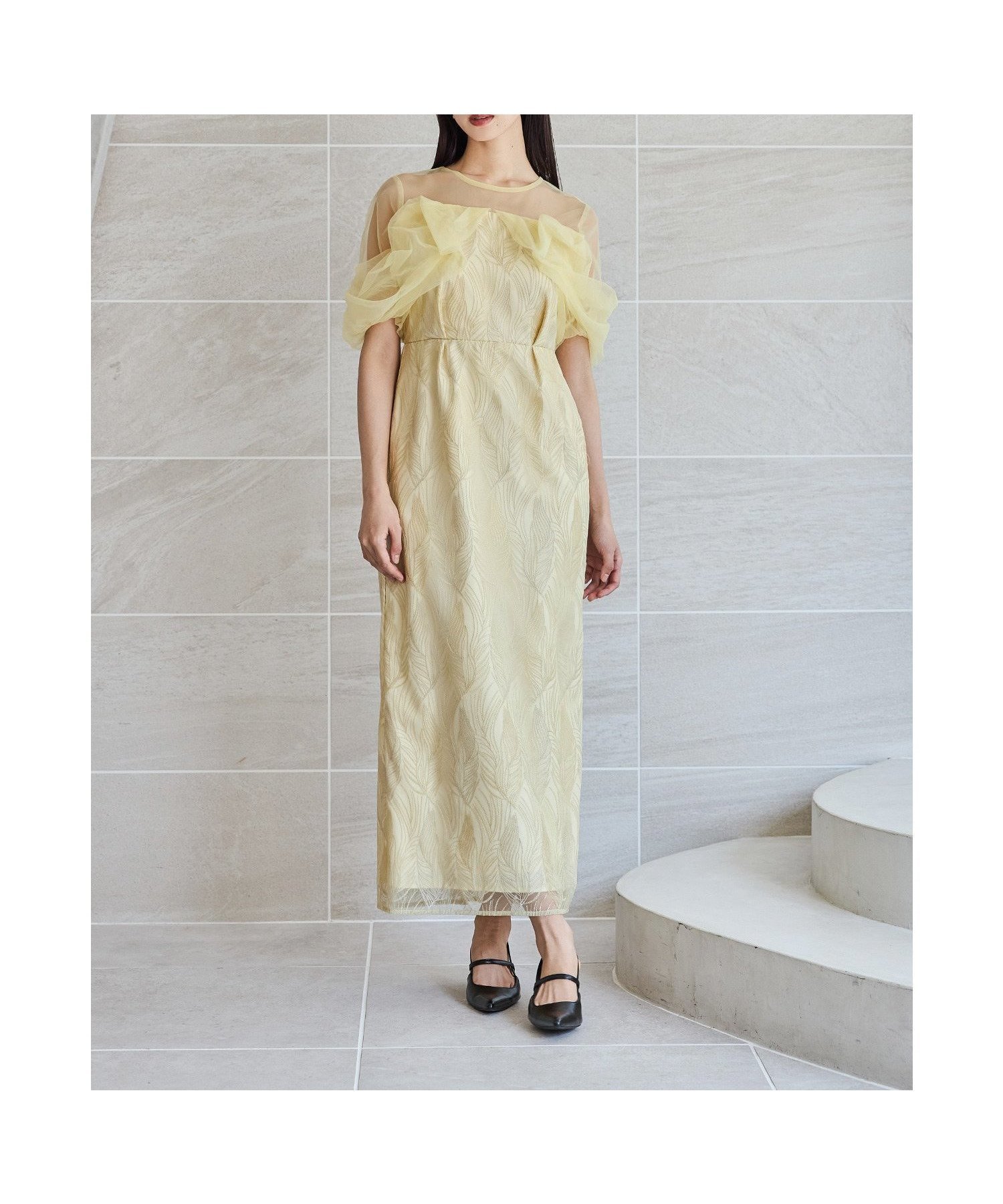 【ビーフラット/bflat】のトルネードペンシルドレス 刺繍レース チュール パーティードレス オケージョンドレス インテリア・キッズ・メンズ・レディースファッション・服の通販 founy(ファニー) 　ファッション　Fashion　レディースファッション　Fashion for Women　ワンピース　Dresses　フォーマル・パーティードレス・結婚式用ドレス　Elegant & Casual Dresses　シアー　Sheer, See-Through　チュール　Tulip, Tulip Motif　ドレス　Dress, One-Piece　ネックレス　Necklace, Pendant Necklace　バランス　Balance, Style Balance　ポケット　Pocket, Pocket Detail　リーフ　Leaf, Botanical Leaf　レース　Lace, Lace Fabric　おすすめ　Recommended / Our Picks　エレガント 上品　Elegant　結婚式　Wedding　披露宴　Wedding Reception　二次会　After Party　イエロー|ID: prp329100004758389 ipo3291000000034428181