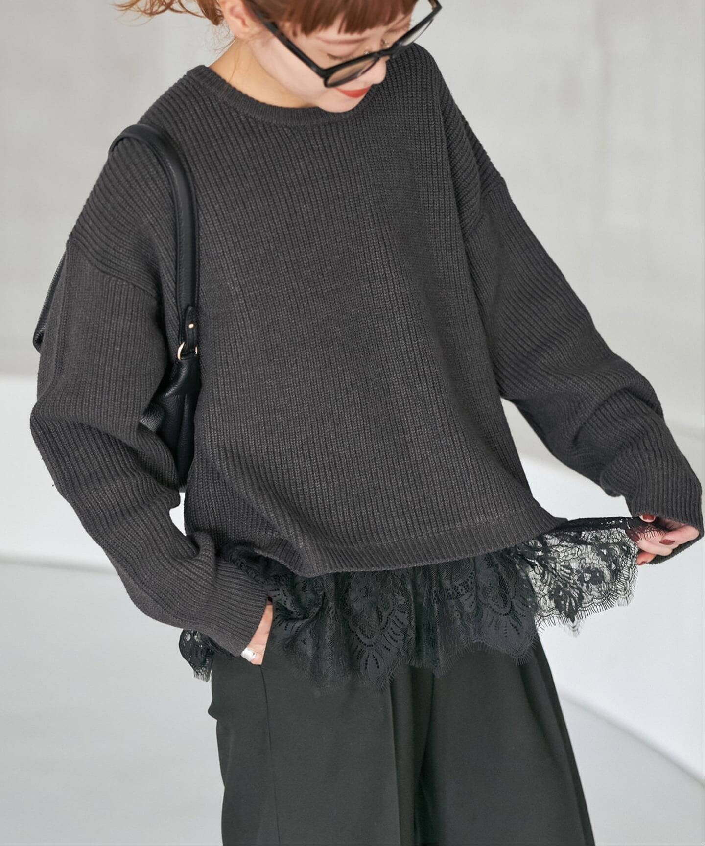 【スピック&スパン/Spick & Span】のレースドッキング畦ニットプルオーバー インテリア・キッズ・メンズ・レディースファッション・服の通販 founy(ファニー) 　ファッション　Fashion　レディースファッション　Fashion for Women　トップス・カットソー　Cut & Sew Tops　ニット　Knit Tops & Sweaters　カジュアルプルオーバー・ニットトップス　Pullovers & Knit Tops / Casual Pullovers　アクリル　Acrylic Material　ストレッチ　Stretch, Stretchy Fabric　スリット　Slit, Slit Detail　ドッキング　Docking, Mixed Material　ヘムライン　Hemline, Bottom Cut　レース　Lace, Lace Fabric　畦　Ribbed Knit　グレー|ID: prp329100004758574 ipo3291000000034781475