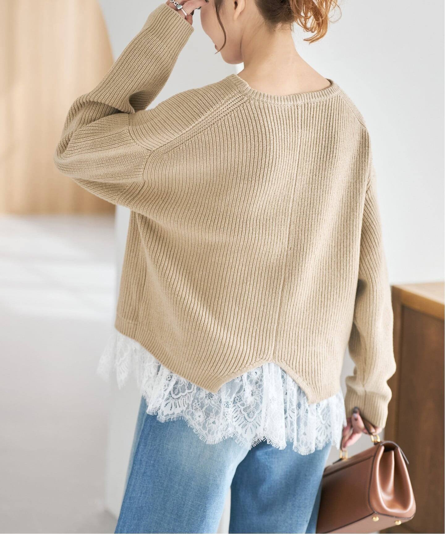 【スピック&スパン/Spick & Span】のレースドッキング畦ニットプルオーバー インテリア・キッズ・メンズ・レディースファッション・服の通販 founy(ファニー) 　ファッション　Fashion　レディースファッション　Fashion for Women　トップス・カットソー　Cut & Sew Tops　ニット　Knit Tops & Sweaters　カジュアルプルオーバー・ニットトップス　Pullovers & Knit Tops / Casual Pullovers　アクリル　Acrylic Material　ストレッチ　Stretch, Stretchy Fabric　スリット　Slit, Slit Detail　ドッキング　Docking, Mixed Material　ヘムライン　Hemline, Bottom Cut　レース　Lace, Lace Fabric　畦　Ribbed Knit　ベージュ|ID: prp329100004758574 ipo3291000000034781477