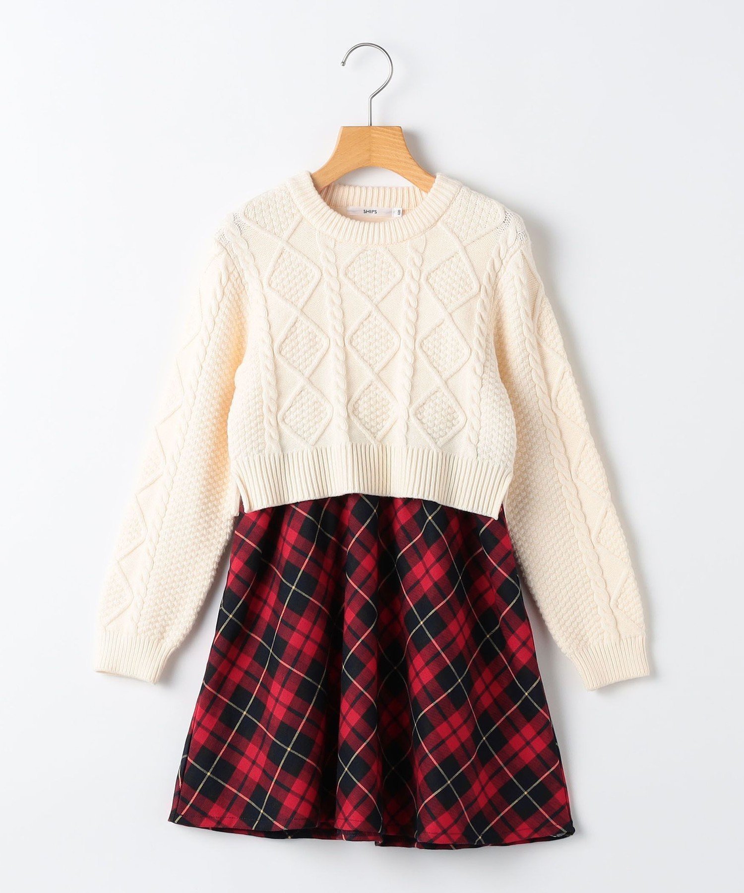 【シップス/SHIPS / KIDS】のSHIPS KIDS 100~130cm / 洗濯機可能 ケーブルニット ドッキング ワンピース インテリア・キッズ・メンズ・レディースファッション・服の通販 founy(ファニー) 　ファッション　Fashion　キッズファッション　Fashion for Kids　ワンピース　Dresses　クラシカル　Classical, Vintage-Inspired　シンプル　Simple, Minimal　チェック　Check, Plaid, Tartan　ドッキング　Docking, Mixed Material　ポケット　Pocket, Pocket Detail　A/W・秋冬　Autumn/Winter　エレガント 上品　Elegant　オフホワイト|ID: prp329100004758678 ipo3291000000034720702