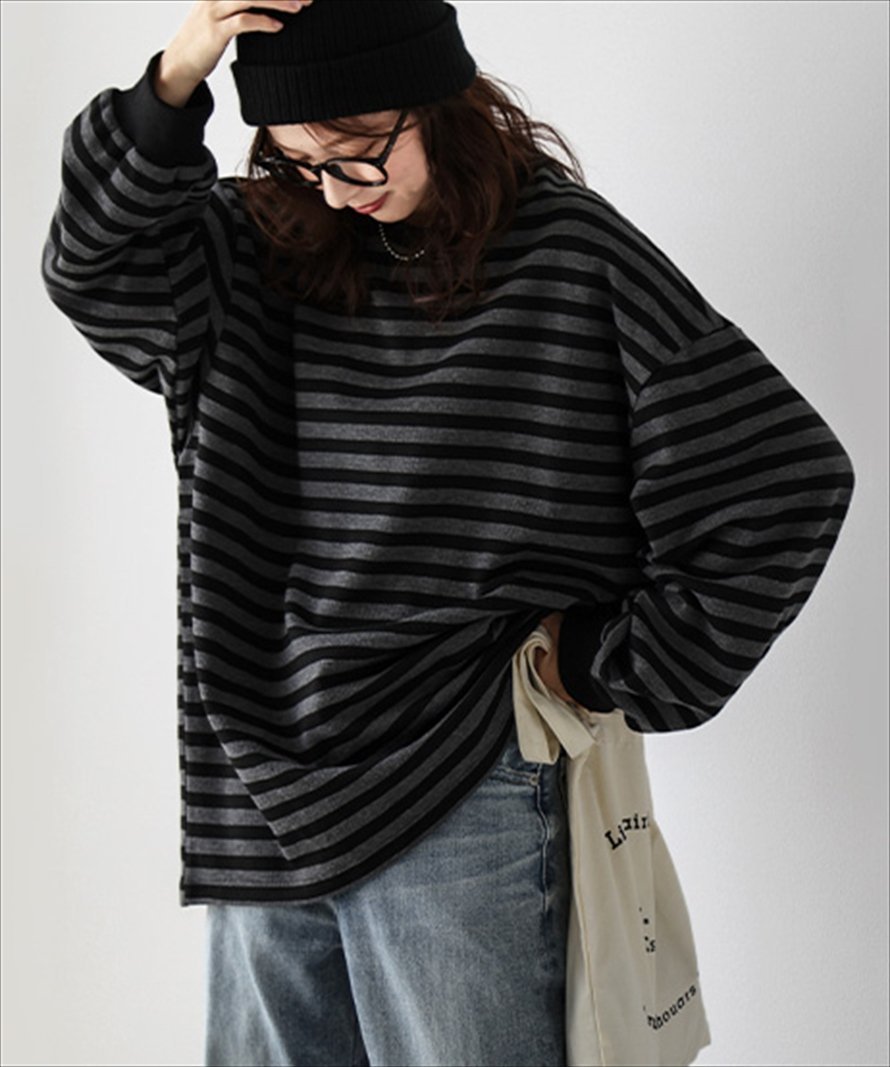 【ラジュール/Lajour】のワッフルルーズTシャツ インテリア・キッズ・メンズ・レディースファッション・服の通販 founy(ファニー) 　ファッション　Fashion　レディースファッション　Fashion for Women　トップス・カットソー　Cut & Sew Tops　シャツ・ブラウス・オフィスカジュアル　Elegant Blouses & Button-Ups　ロングTシャツ・Tシャツ　Longline T-Shirts & Tees　おすすめ　Recommended / Our Picks　フェミニン　Feminine, Girly　ボーダー　Border, Stripe　ルーズ　Loose, Oversized　ワッフル　Waffle, Waffle Knit　定番　Standard, Basic Item　長袖ブラック×グレー|ID: prp329100004759108 ipo3291000000034435228