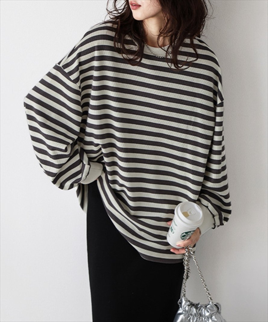 【ラジュール/Lajour】のワッフルルーズTシャツ インテリア・キッズ・メンズ・レディースファッション・服の通販 founy(ファニー) 　ファッション　Fashion　レディースファッション　Fashion for Women　トップス・カットソー　Cut & Sew Tops　シャツ・ブラウス・オフィスカジュアル　Elegant Blouses & Button-Ups　ロングTシャツ・Tシャツ　Longline T-Shirts & Tees　おすすめ　Recommended / Our Picks　フェミニン　Feminine, Girly　ボーダー　Border, Stripe　ルーズ　Loose, Oversized　ワッフル　Waffle, Waffle Knit　定番　Standard, Basic Item　長袖グレー|ID: prp329100004759108 ipo3291000000034435229