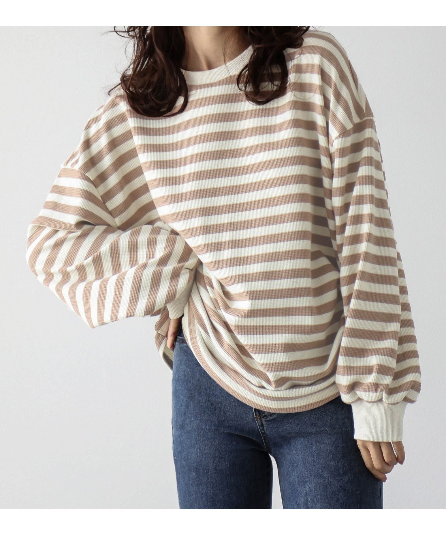 【ラジュール/Lajour】のワッフルルーズTシャツ インテリア・キッズ・メンズ・レディースファッション・服の通販 founy(ファニー) 　ファッション　Fashion　レディースファッション　Fashion for Women　トップス・カットソー　Cut & Sew Tops　シャツ・ブラウス・オフィスカジュアル　Elegant Blouses & Button-Ups　ロングTシャツ・Tシャツ　Longline T-Shirts & Tees　おすすめ　Recommended / Our Picks　フェミニン　Feminine, Girly　ボーダー　Border, Stripe　ルーズ　Loose, Oversized　ワッフル　Waffle, Waffle Knit　定番　Standard, Basic Item　長袖ブラウン|ID: prp329100004759108 ipo3291000000034435231
