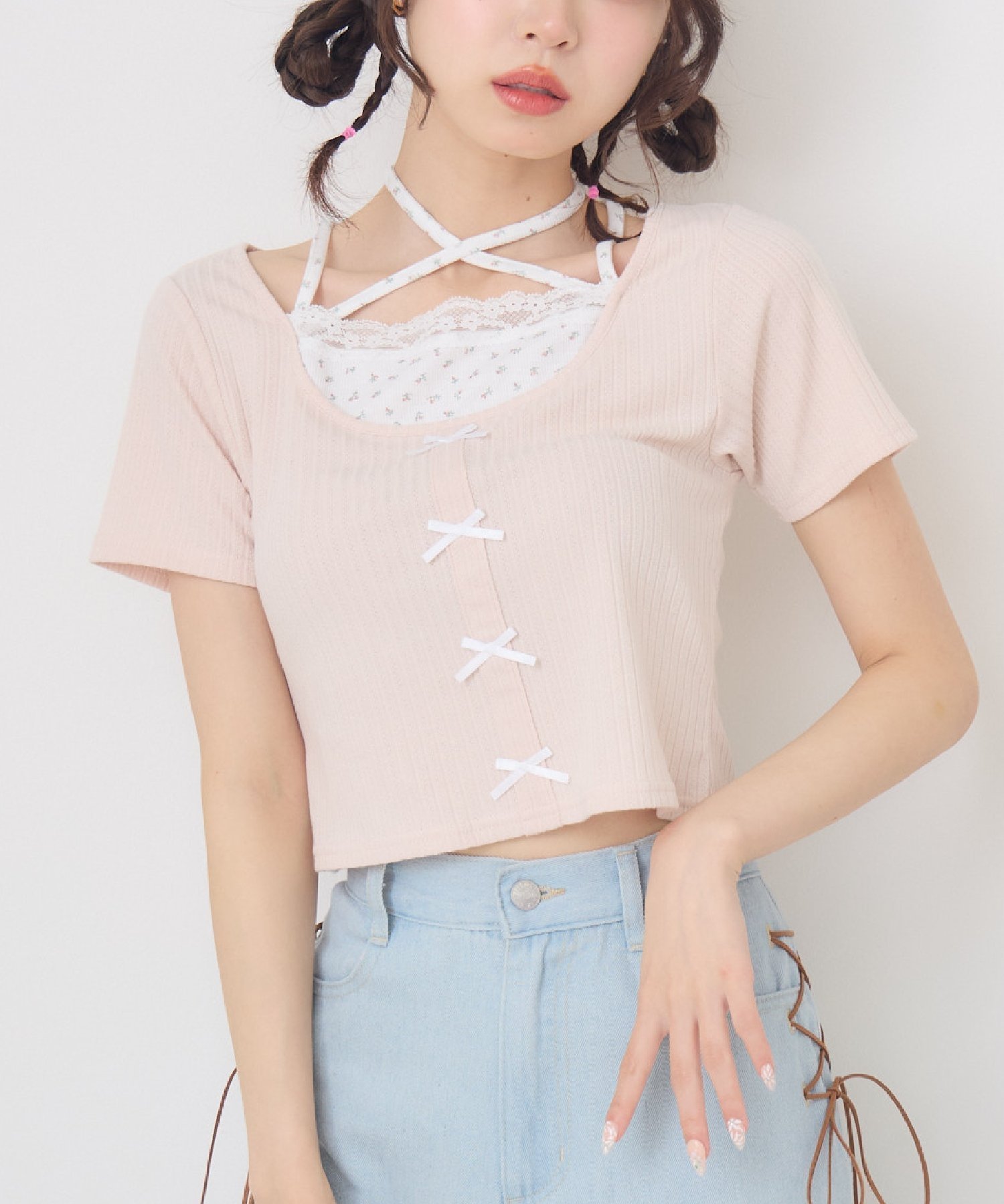 【レトロガール/RETRO GIRL】の前リボンキャミドッキングCT インテリア・キッズ・メンズ・レディースファッション・服の通販 founy(ファニー) 　ファッション　Fashion　レディースファッション　Fashion for Women　アウター　Coat / Outerwear Collection　トップス・カットソー　Cut & Sew Tops　キャミソール&ノースリーブ　Camisoles & Sleeveless Tops　おすすめ　Recommended / Our Picks　インナー　Innerwear　カットソー　Cut and Sewn Top　ガーリー　Girly, Feminine Style　ドッキング　Docking, Mixed Material　ドット　Polka Dot, Dot Pattern　フロント　Front, Front Design　ボトム　Bottoms, Lower Wear　リボン　Ribbon, Bow　レース　Lace, Lace Fabric　ピンク|ID: prp329100004759178 ipo3291000000034435903