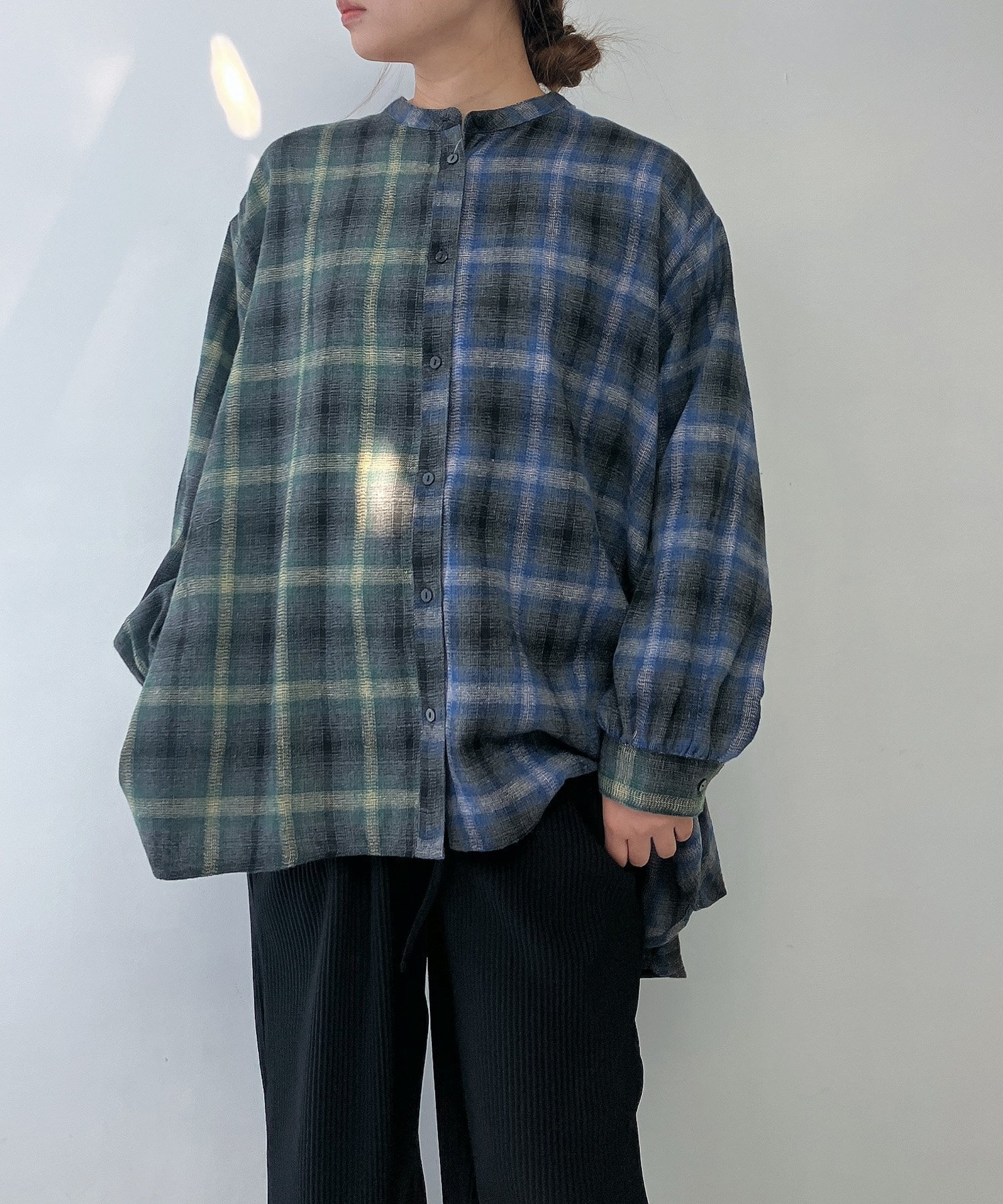 【アズノウアズ プラス/AS KNOW AS plus】の♪『洗濯可』バンドカラー 異素材切り替え アシンメトリー総柄チュニック インテリア・キッズ・メンズ・レディースファッション・服の通販 founy(ファニー) 　ファッション　Fashion　レディースファッション　Fashion for Women　トップス・カットソー　Cut & Sew Tops　アシンメトリー　Asymmetrical Style　シンプル　Simple, Minimal　スラックス　Slacks, Dress Pants　チェック　Check, Plaid, Tartan　チュニック　Tunic, Long Top　デニム　Denim, Jeans Material　プリーツ　Pleats, Pleated　ボトム　Bottoms, Lower Wear　無地　Plain, Solid Color　再入荷　Restock / Back in Stock　GRBLMIX|ID: prp329100004759279 ipo3291000000034436903