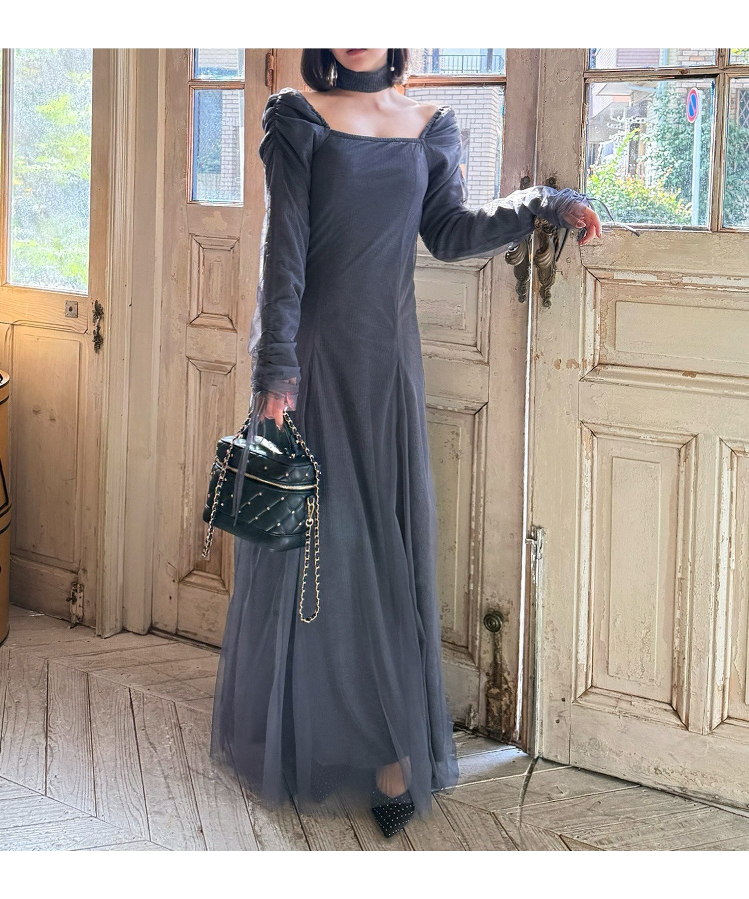 【ロイヤルパーティー/ROYAL PARTY】のチョーカー付レイヤードチュールニットソーワンピース インテリア・キッズ・メンズ・レディースファッション・服の通販 founy(ファニー) 　ファッション　Fashion　レディースファッション　Fashion for Women　ワンピース　Dresses　ギャザー　Gathered, Ruffled　スリーブ　Sleeve, Long Sleeve / Short Sleeve　チュール　Tulip, Tulip Motif　チョーカー　Tulle, Mesh Fabric　ドローストリング　Drawstring, Pull Cord　フレア　Flare, Flared　グレー|ID: prp329100004759289 ipo3291000000034436971