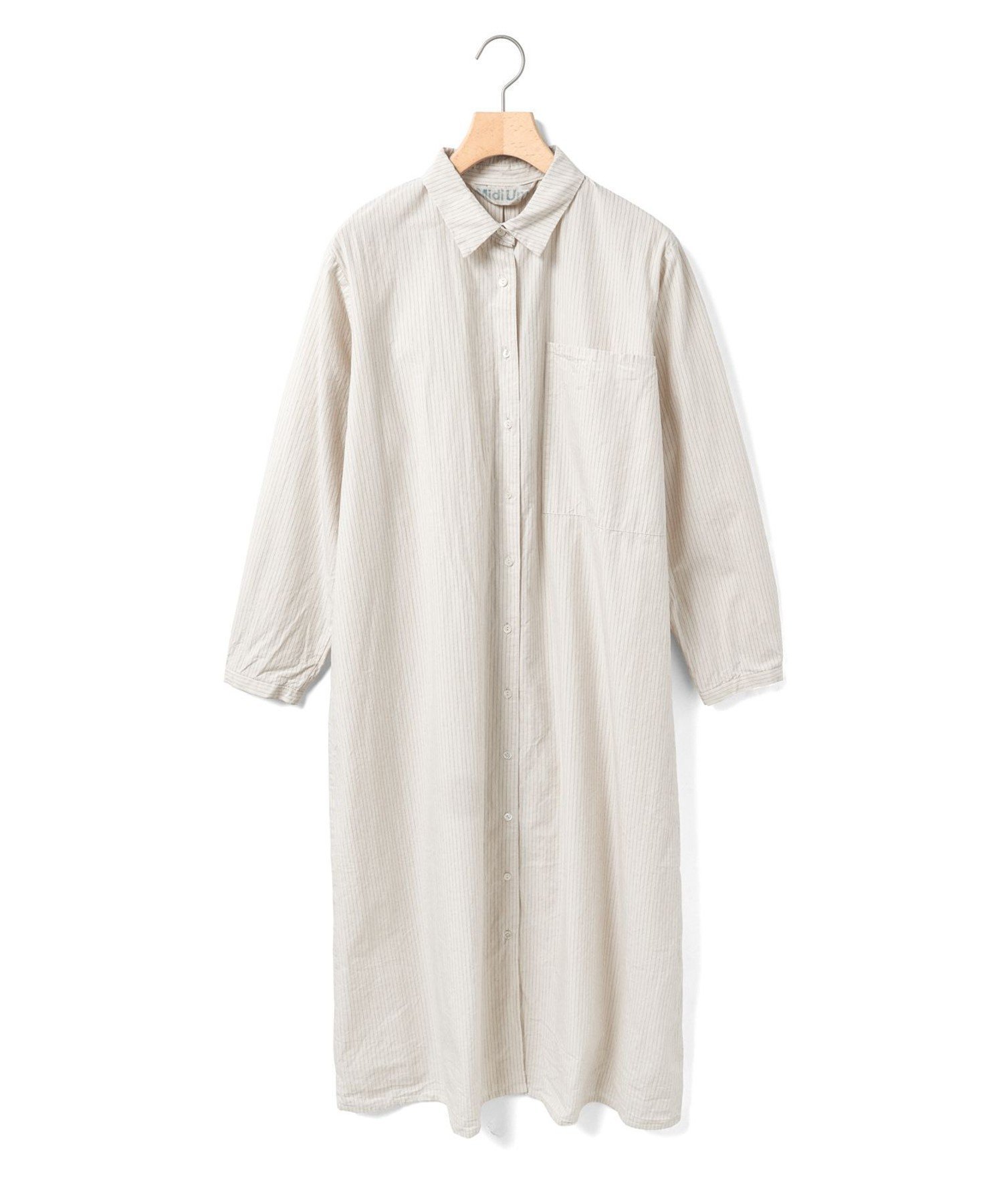 【マーコート/MARcourt】のMidiUmi ビッグポケットシャツワンピース インテリア・キッズ・メンズ・レディースファッション・服の通販 founy(ファニー) 　ファッション　Fashion　レディースファッション　Fashion for Women　ワンピース　Dresses　シャツワンピース / 1枚で着映えコーデ　Shirt Dresses　カフス　Cuff Design　シンプル　Simple, Minimal　ストライプ　Stripe, Striped Pattern　タイプライター　Typewriter Fabric, Crisp Cotton　チェック　Check, Plaid, Tartan　ポケット　Pocket, Pocket Detail　レギュラー　Regular, Standard Fit　ワッシャー　Washer, Crinkled Finish　長袖　Long Sleeve, Full Sleeve　アイボリーストライプ|ID: prp329100004759314 ipo3291000000034589064