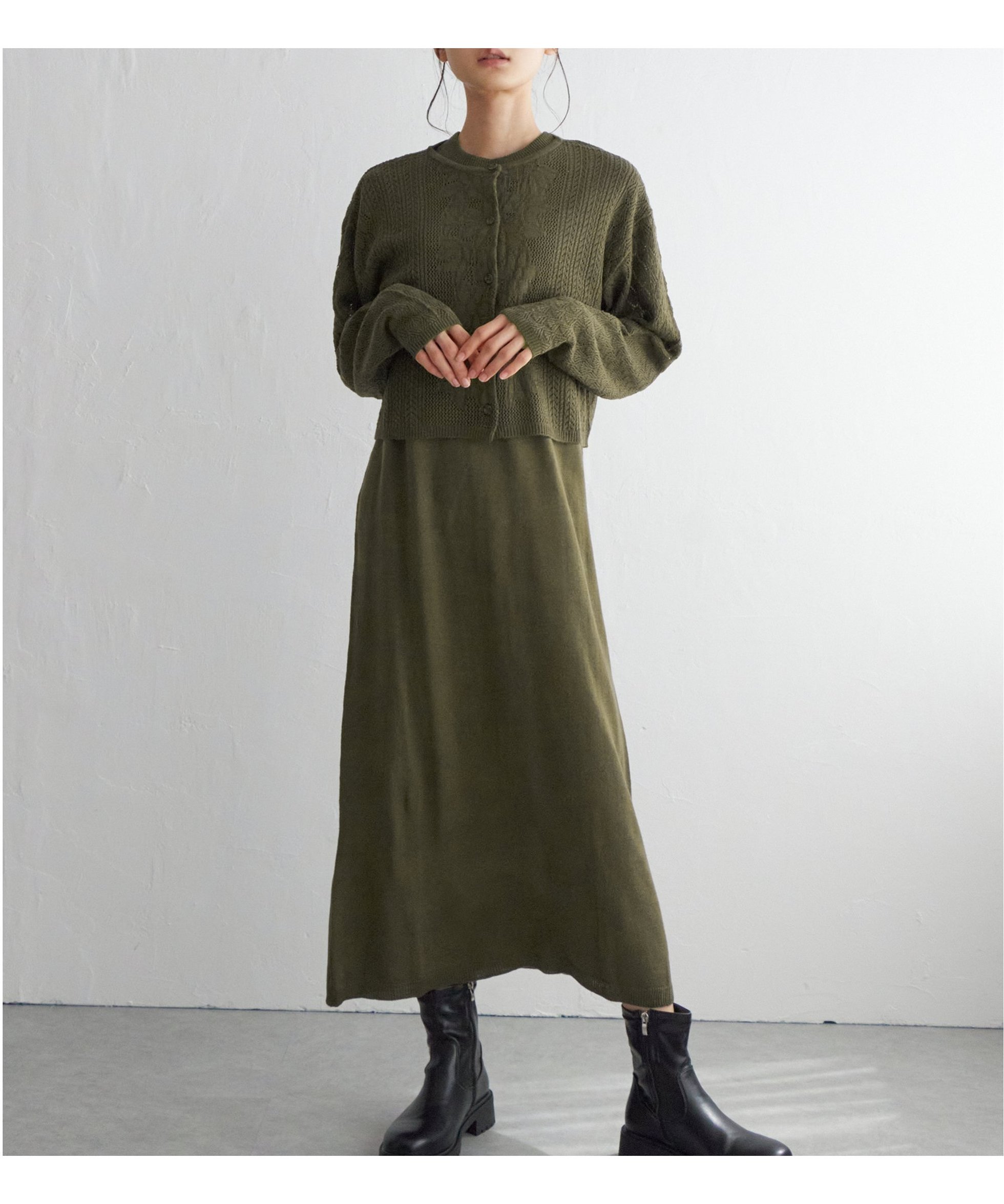 【エルビーシー/LBC】の【2点セット】透かし編みカーデセットニットワンピ インテリア・キッズ・メンズ・レディースファッション・服の通販 founy(ファニー) ファッション Fashion レディースファッション Fashion for Women ワンピース Dresses ニットワンピース Knit Dresses アクリル Acrylic Material カーディガン Cardigan, Knitwear セットアップ Set-Up, Coordinated Outfit 透かし Cut-Out, Lacework オリブグリン|ID: prp329100004759319 ipo3291000000034437222