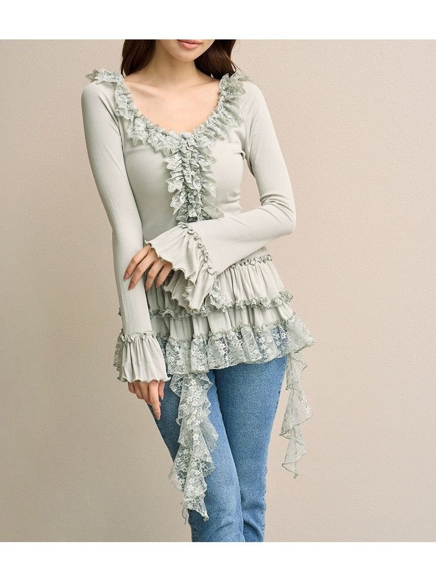 【スナイデル/SNIDEL】のティアードフリルカットソープルオーバー インテリア・キッズ・メンズ・レディースファッション・服の通販 founy(ファニー) 　ファッション　Fashion　レディースファッション　Fashion for Women　トップス・カットソー　Cut & Sew Tops　カジュアルプルオーバー・ニットトップス　Pullovers & Knit Tops / Casual Pullovers　カットソー・ベーシックTシャツ　Cut-and-Sewn Tops / Stretch Tees & Basics　ウェーブ　Wavy Pattern　エレガント 上品　Elegant　カットソー　Cut and Sewn Top　ストレッチ　Stretch, Stretchy Fabric　スマート　Smart, Elegant　デコルテ　Décolleté, Neckline　デニム　Denim, Jeans Material　トレンド　Trend, Trending Now　フィット　Fit, Slim Fit　フェミニン　Feminine, Girly　フリル　Frill, Ruffle　フロント　Front, Front Design　レース　Lace, Lace Fabric　おすすめ　Recommended / Our Picks　MNT[021]|ID: prp329100004759491 ipo3291000000034439034
