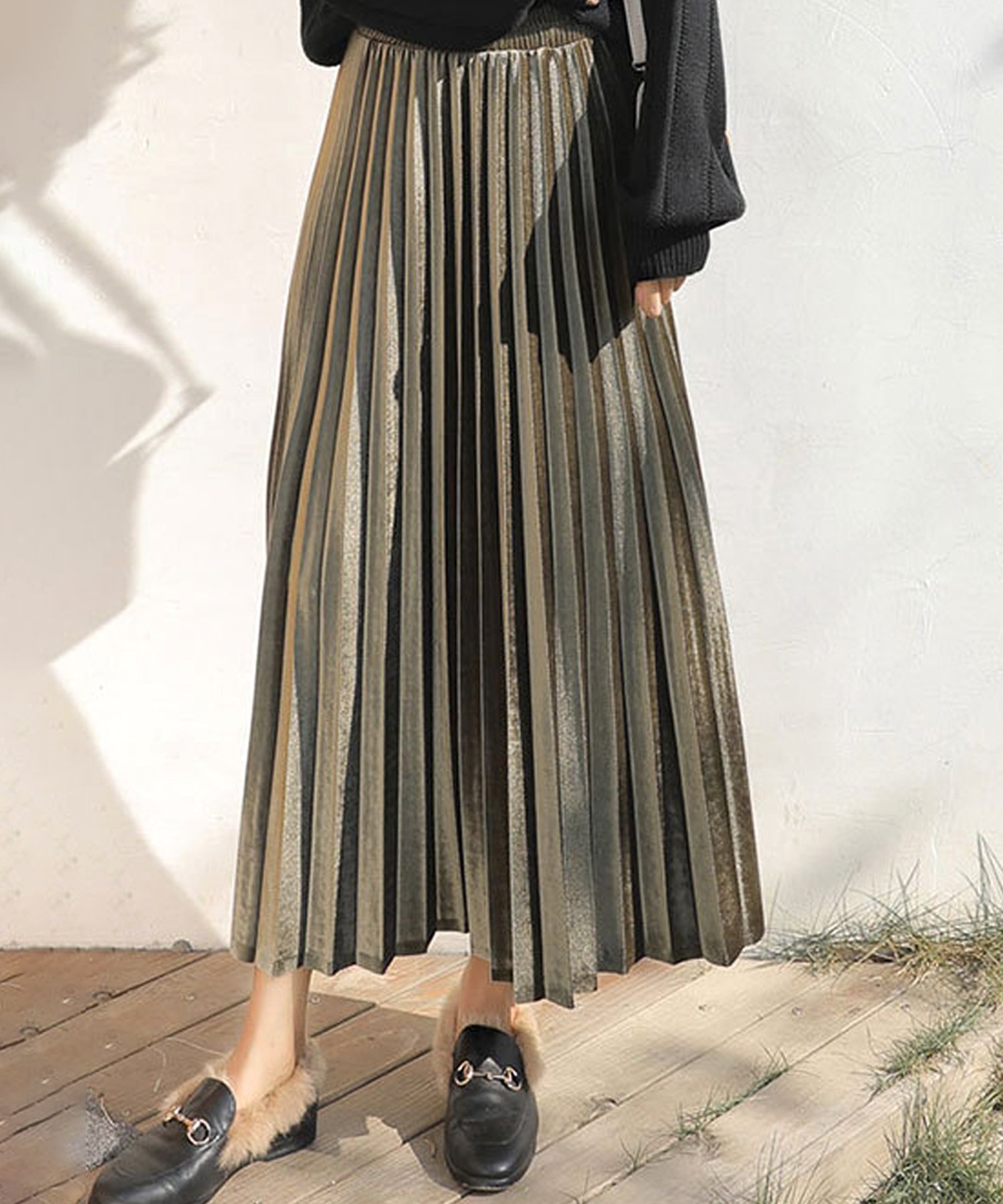 【アミュレット/Amulet】の【Dewlily】ベロアプリーツロングスカート インテリア・キッズ・メンズ・レディースファッション・服の通販 founy(ファニー)  ファッション Fashion レディースファッション Fashion for Women スカート Skirts ロングスカート Long Skirts / Maxi & Midi Skirts シャイニー Shiny, Glossy Finish プリーツ Pleats, Pleated ベロア Velour, Soft Velvet ロング Long, Long-Length 楽ちん Easy Fit, Comfortable カーキ|ID: prp329100004759990 ipo3291000000034444456