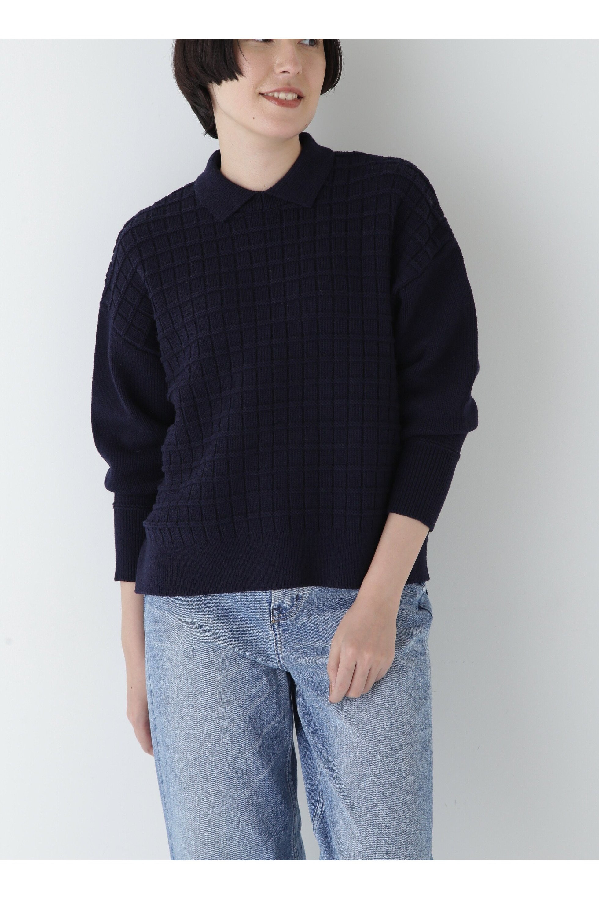 【ヒューマンウーマン/HUMAN WOMAN】のバルキーコットン混リンクス柄ポロプルオーバー インテリア・キッズ・メンズ・レディースファッション・服の通販 founy(ファニー) 　ファッション　Fashion　レディースファッション　Fashion for Women　トップス・カットソー　Cut & Sew Tops　カジュアルプルオーバー・ニットトップス　Pullovers & Knit Tops / Casual Pullovers　おすすめ　Recommended / Our Picks　アクリル　Acrylic Material　シンプル　Simple, Minimal　スタンダード　Standard, Basic　チェック　Check, Plaid, Tartan　ロング　Long, Long-Length　ワイド　Wide, Wide Fit　春　Spring　ネイビー|ID: prp329100004760182 ipo3291000000034447434