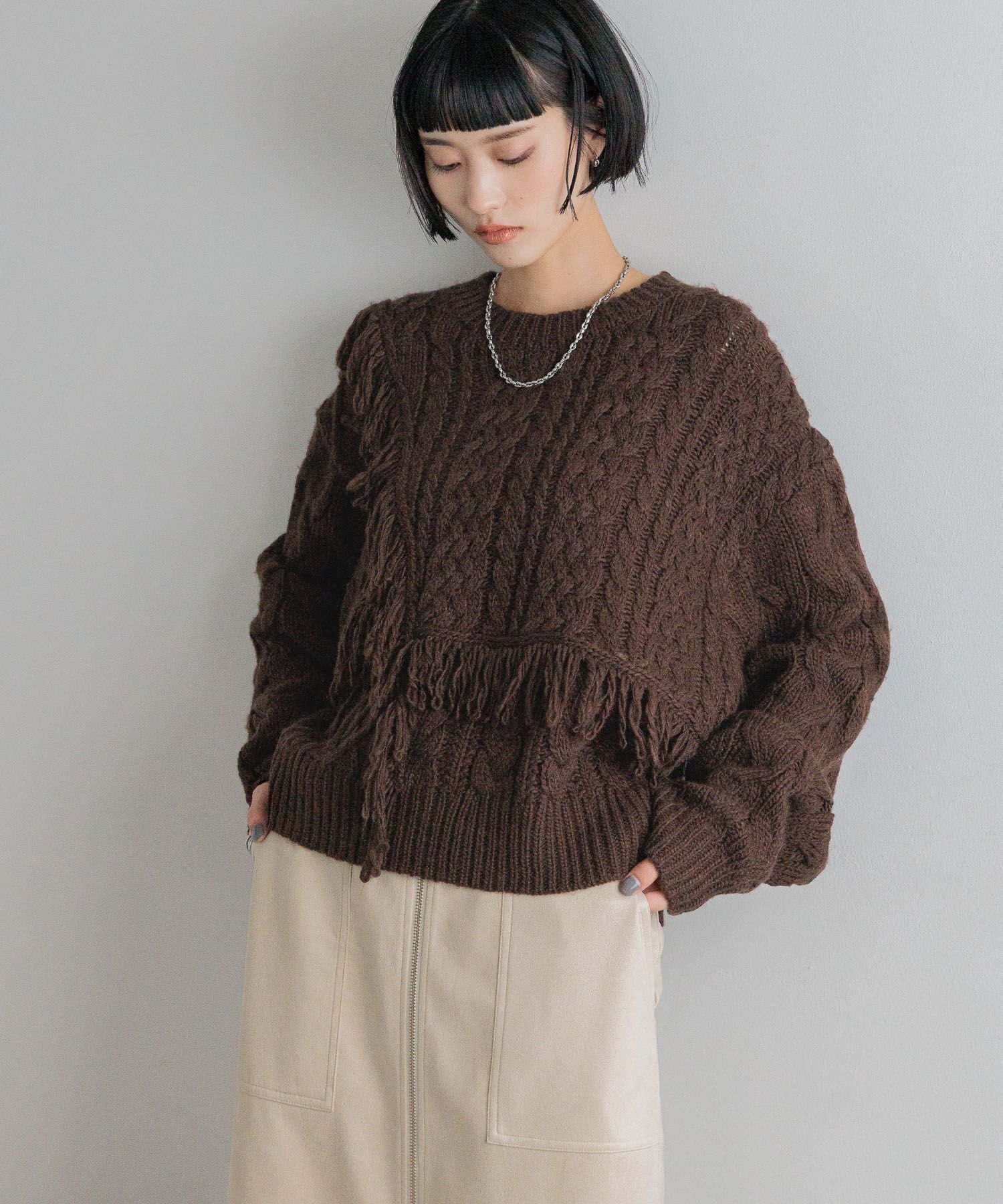 【ローリーズファーム/LOWRYS FARM】のケーブルフリンジSHORT丈 インテリア・キッズ・メンズ・レディースファッション・服の通販 founy(ファニー) 　ファッション　Fashion　レディースファッション　Fashion for Women　アクリル　Acrylic Material　クラシック　Classic, Timeless Style　ショート　Short, Short Length　デニム　Denim, Jeans Material　フリンジ　Fringe, Tassel　ボトム　Bottoms, Lower Wear　ロング　Long, Long-Length　ワイド　Wide, Wide Fit　定番　Standard, Basic Item　ブラウン58|ID: prp329100004760780 ipo3291000000034682634