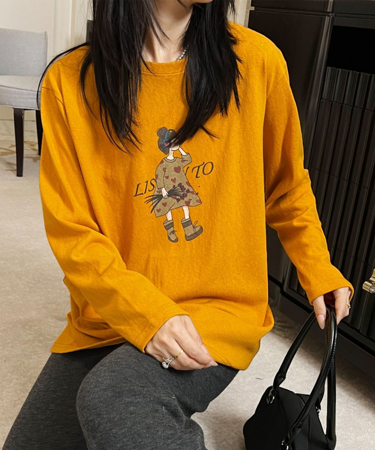 【アイモハ/aimoha】のaimoha -select-/イラストプリントカジュアルロングスリーブTシャツ インテリア・キッズ・メンズ・レディースファッション・服の通販 founy(ファニー) ファッション Fashion レディースファッション Fashion for Women トップス・カットソー Cut & Sew Tops シャツ・ブラウス・オフィスカジュアル Elegant Blouses & Button-Ups ロングTシャツ・Tシャツ Longline T-Shirts & Tees イラスト Illustration カーディガン Cardigan, Knitwear キャラクター Character, Licensed Characters シューズ Shoes, Footwear シンプル Simple, Minimal ジャケット Jacket, Outerwear スタイリッシュ Stylish, Fashionable スニーカー Sneakers, Trainers スリーブ Sleeve, Long Sleeve / Short Sleeve デニム Denim, Jeans Material プリント Print, Printed Pattern リラックス Relax, Relaxed Fit ロング Long, Long-Length イエロー|ID: prp329100004760949 ipo3291000000034454508