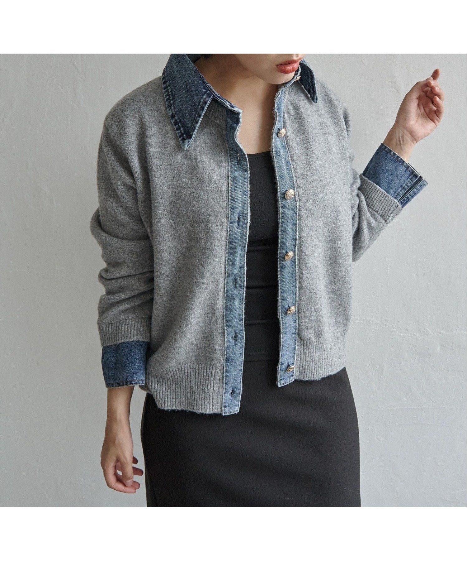 【ノッチ/notch】のデニムドッキングニットカーディガン インテリア・キッズ・メンズ・レディースファッション・服の通販 founy(ファニー) 　ファッション　Fashion　レディースファッション　Fashion for Women　トップス・カットソー　Cut & Sew Tops　ニット　Knit Tops & Sweaters　カーディガン・羽織り　Layered Style Cardigans　カーディガン　Cardigan, Knitwear　ガーリー　Girly, Feminine Style　デニム　Denim, Jeans Material　トレンド　Trend, Trending Now　フレア　Flare, Flared　ワイド　Wide, Wide Fit　グレー|ID: prp329100004761273 ipo3291000000034645348