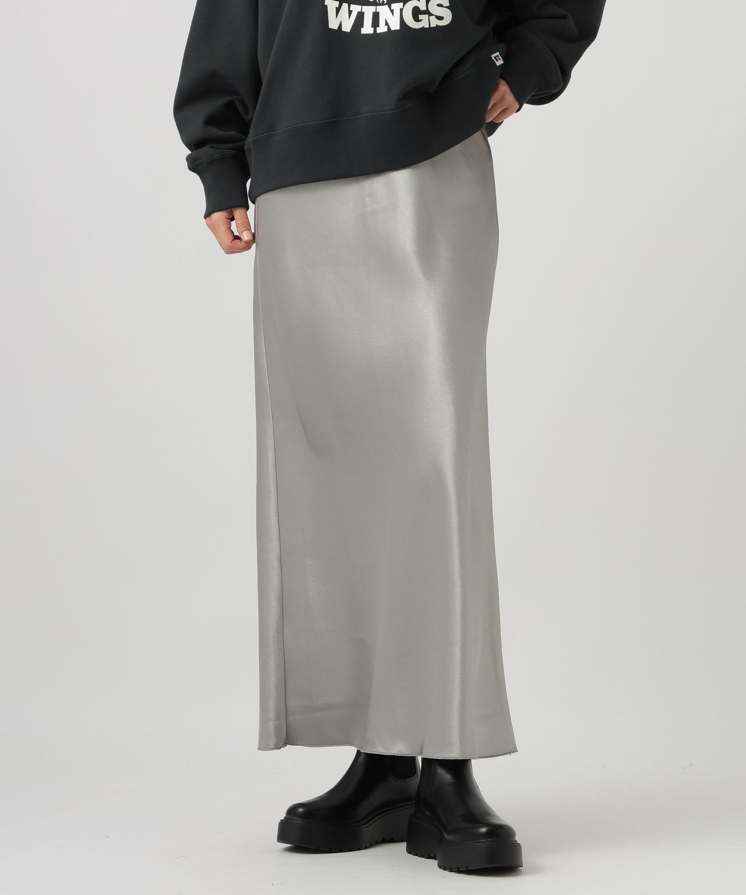 【ベイフロー/BAYFLOW】のサテンナロースカート インテリア・キッズ・メンズ・レディースファッション・服の通販 founy(ファニー) 　ファッション　Fashion　レディースファッション　Fashion for Women　スカート　Skirts　おすすめ　Recommended / Our Picks　サテン　Satin, Glossy Fabric　スウェット / スエット　Sweatshirt, Sweatwear　スリット　Slit, Slit Detail　ダブル　Double, Double-Breasted　フェミニン　Feminine, Girly　フレア　Flare, Flared　エレガント 上品　Elegant　楽ちん　Easy Fit, Comfortable　グレー15|ID: prp329100004762273 ipo3291000000035047689