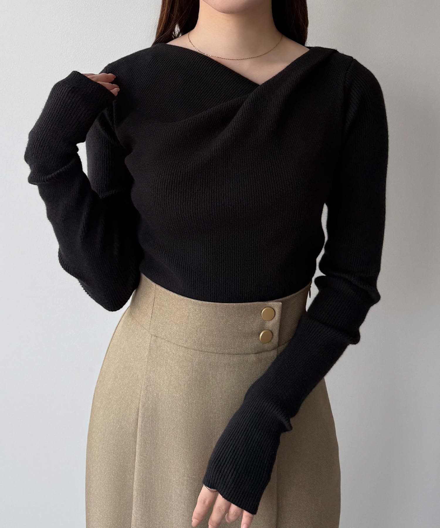 【ジュノア/JUNOAH】のmipiarl フィンガーホールドレープニットトップス 人気、トレンドファッション・服の通販 founy(ファニー) 　ファッション　Fashion　レディースファッション　Fashion for Women　トップス・カットソー　Cut & Sew Tops　ニット　Knit Tops & Sweaters　 other-1|ID: prp329100004762566 ipo3291000000034470012