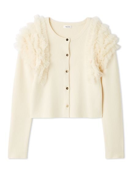 【フレイ アイディー/FRAY I.D】のショルダーチュールフリルニットカーディガン 人気、トレンドファッション・服の通販 founy(ファニー) 　ファッション　Fashion　レディースファッション　Fashion for Women　トップス・カットソー　Cut & Sew Tops　ニット　Knit Tops & Sweaters　カーディガン・羽織り　Layered Style Cardigans　カーディガン　Cardigan, Knitwear　ショルダー　Shoulder, Shoulder Strap　シルク　Silk, 100% Silk　ストレッチ　Stretch, Stretchy Fabric　ストーン　Stone, Gem-Like　スマート　Smart, Elegant　とろみ　Fluid, Flowy Fabric　チュール　Tulip, Tulip Motif　フィット　Fit, Slim Fit　フリル　Frill, Ruffle　フロント　Front, Front Design　エレガント 上品　Elegant　 other-1|ID: prp329100004762785 ipo3291000000034471982