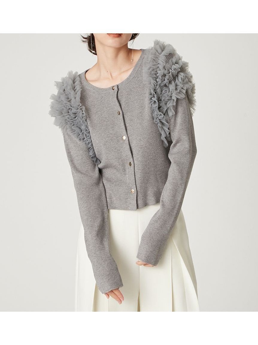 【フレイ アイディー/FRAY I.D】のショルダーチュールフリルニットカーディガン インテリア・キッズ・メンズ・レディースファッション・服の通販 founy(ファニー) 　ファッション　Fashion　レディースファッション　Fashion for Women　トップス・カットソー　Cut & Sew Tops　ニット　Knit Tops & Sweaters　カーディガン・羽織り　Layered Style Cardigans　カーディガン　Cardigan, Knitwear　ショルダー　Shoulder, Shoulder Strap　シルク　Silk, 100% Silk　ストレッチ　Stretch, Stretchy Fabric　ストーン　Stone, Gem-Like　スマート　Smart, Elegant　とろみ　Fluid, Flowy Fabric　チュール　Tulip, Tulip Motif　フィット　Fit, Slim Fit　フリル　Frill, Ruffle　フロント　Front, Front Design　エレガント 上品　Elegant　GRY[006]|ID: prp329100004762785 ipo3291000000034471985