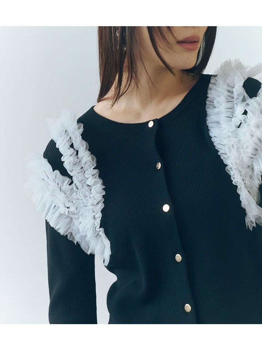 【フレイ アイディー/FRAY I.D】のショルダーチュールフリルニットカーディガン インテリア・キッズ・メンズ・レディースファッション・服の通販 founy(ファニー) 　ファッション　Fashion　レディースファッション　Fashion for Women　トップス・カットソー　Cut & Sew Tops　ニット　Knit Tops & Sweaters　カーディガン・羽織り　Layered Style Cardigans　カーディガン　Cardigan, Knitwear　ショルダー　Shoulder, Shoulder Strap　シルク　Silk, 100% Silk　ストレッチ　Stretch, Stretchy Fabric　ストーン　Stone, Gem-Like　スマート　Smart, Elegant　とろみ　Fluid, Flowy Fabric　チュール　Tulip, Tulip Motif　フィット　Fit, Slim Fit　フリル　Frill, Ruffle　フロント　Front, Front Design　エレガント 上品　Elegant　MIX[930]|ID: prp329100004762785 ipo3291000000034471987