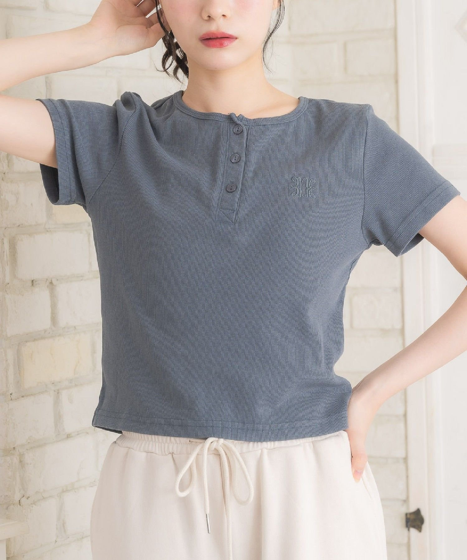 【レトロガール/RETRO GIRL】の刺繍入りヘンリーネックTEE インテリア・キッズ・メンズ・レディースファッション・服の通販 founy(ファニー) ファッション Fashion レディースファッション Fashion for Women おすすめ Recommended / Our Picks シンプル Simple, Minimal フリル Frill, Ruffle ブルー|ID: prp329100004763125 ipo3291000000034475164